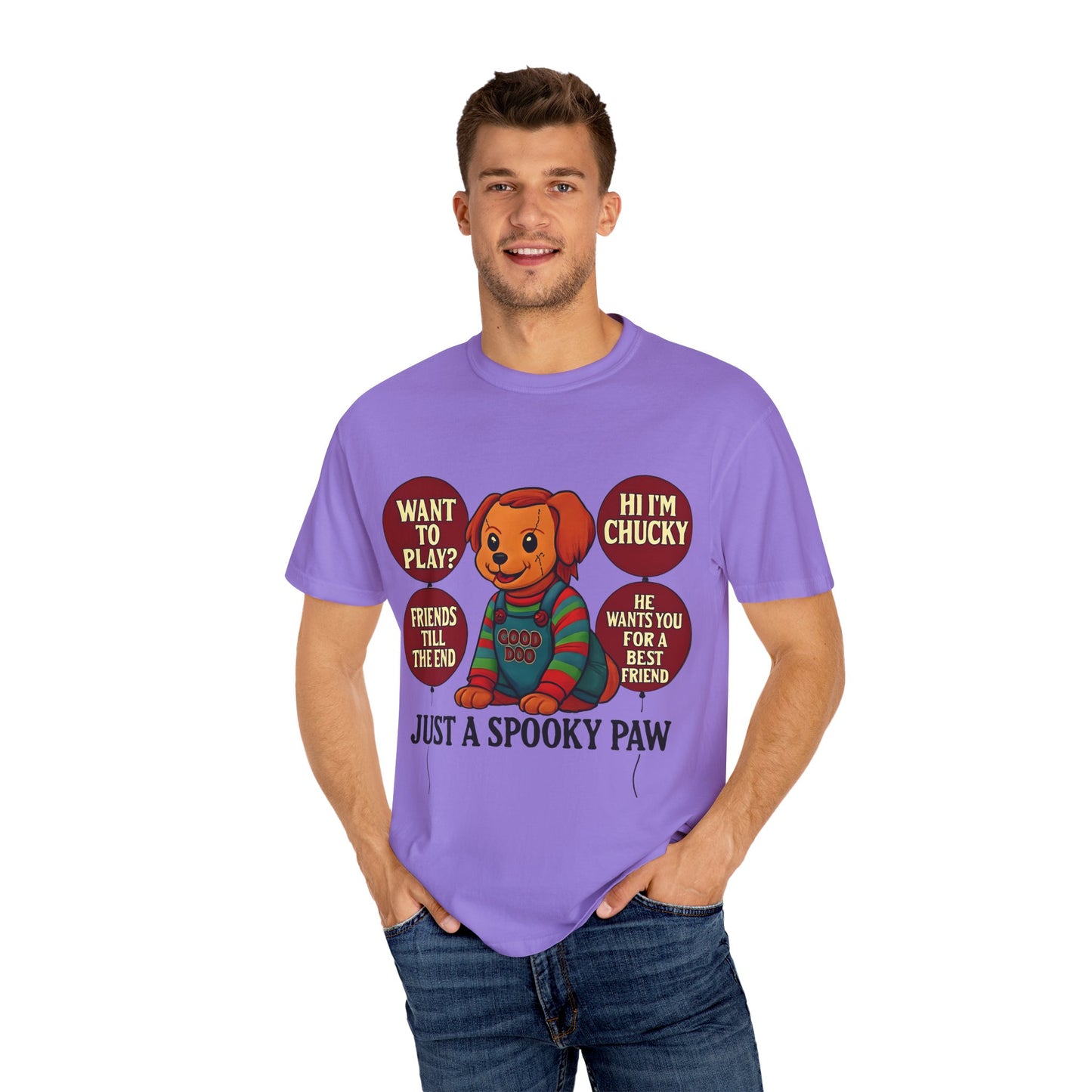 Spooky Graphic T-shirt, Halloween Costume Top, Unisex Tee, Funny Chucky Shirt, Gift for Horror Fans, Cute Spooky Apparel