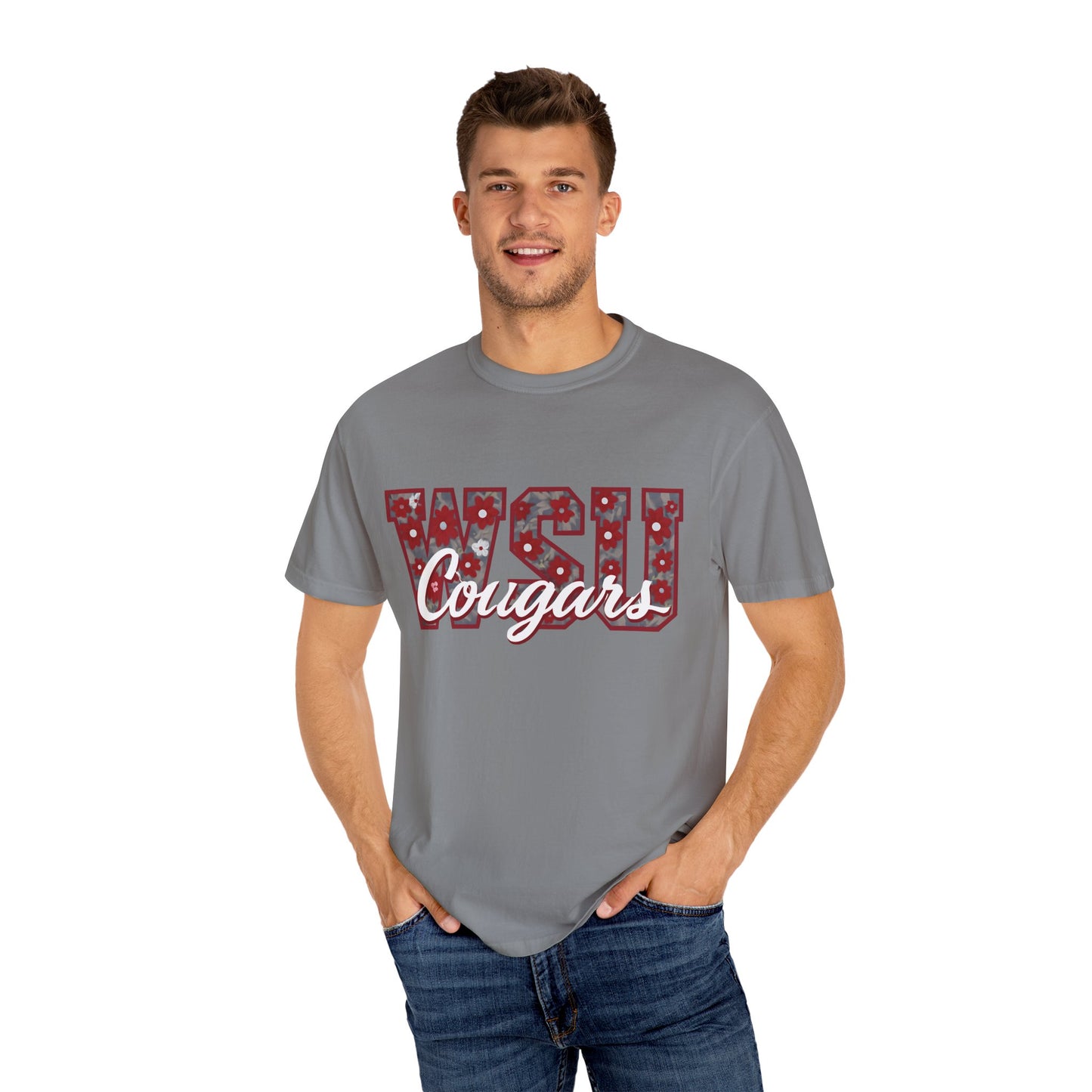 Garment-Dyed T-Shirt with WSU Cougars Design, Casual Wear, College Apparel, Sports Fan Gear, Comfortable Lifestyle Top, WSU Cougars