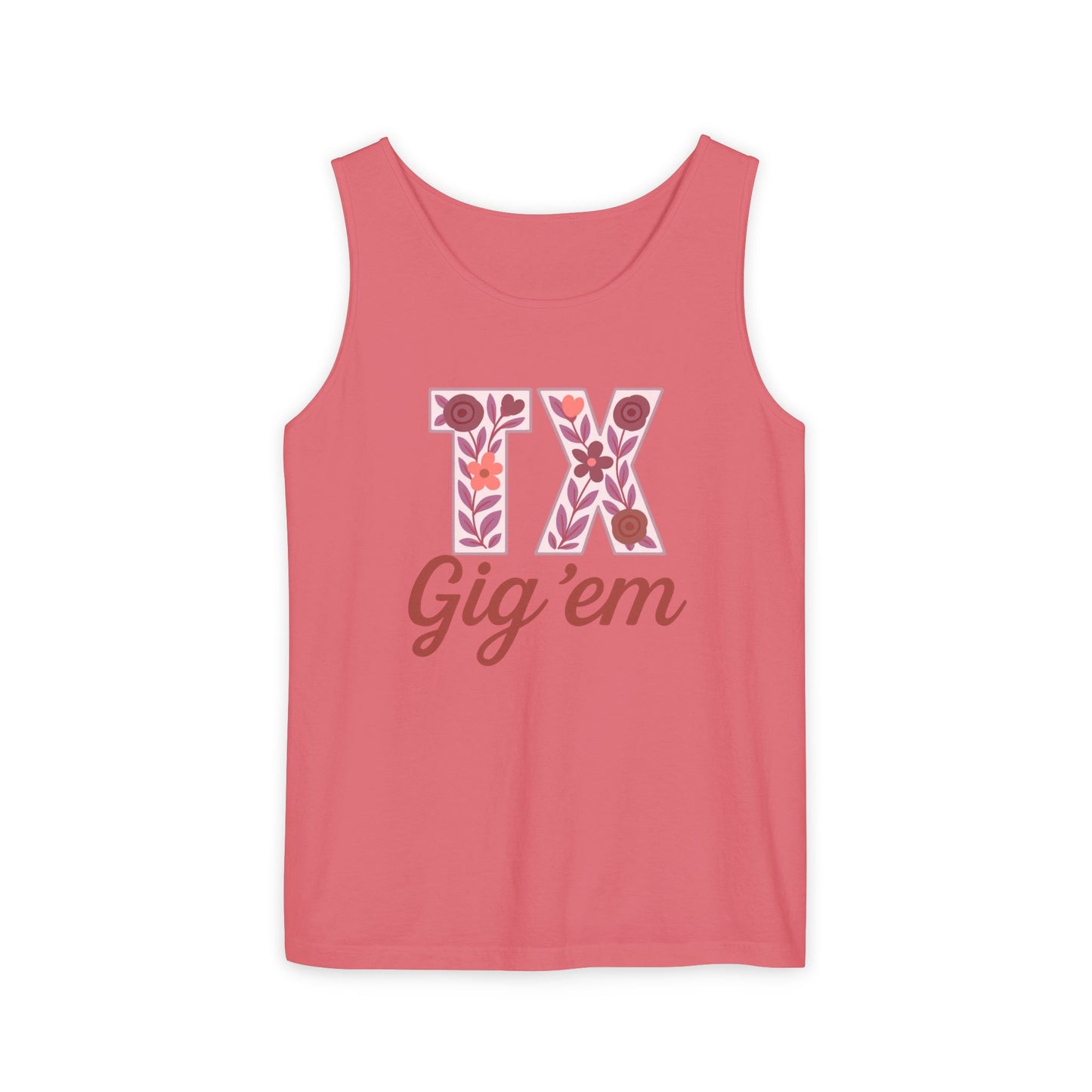 Texas Gig 'Em Tank Top, Unisex Summer Apparel, Cute Floral Design, Perfect for College Fans, Gifts, Comfort Colors, Graduation Gift