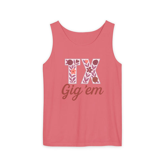 Texas Gig 'Em Tank Top, Unisex Summer Apparel, Cute Floral Design, Perfect for College Fans, Gifts, Comfort Colors, Graduation Gift