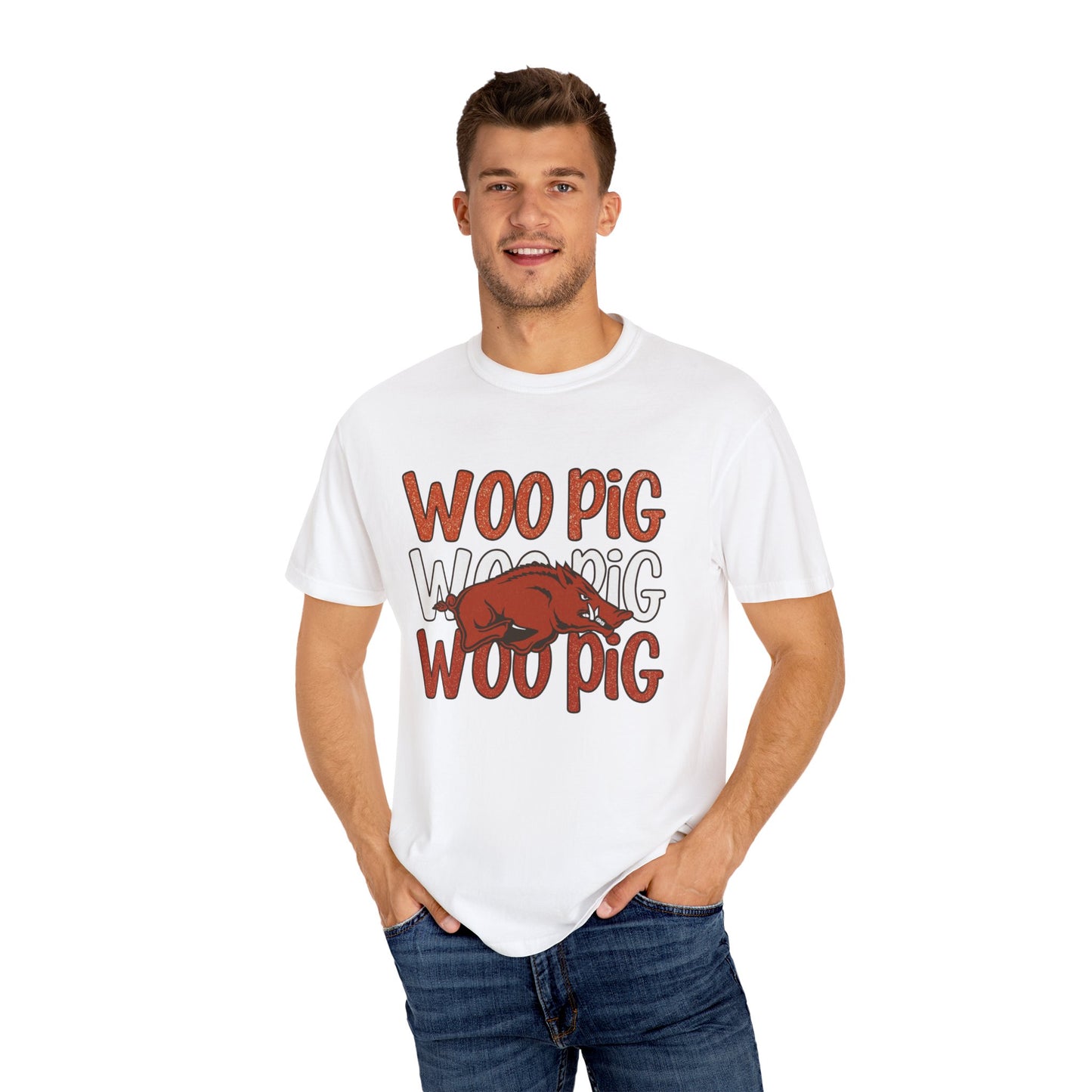 Woo Pig Garment-Dyed T-Shirt, Unisex Tee, Arkansas Pride Shirt, Casual Everyday Wear, College Game Day Tee, Fun Graphic Tee