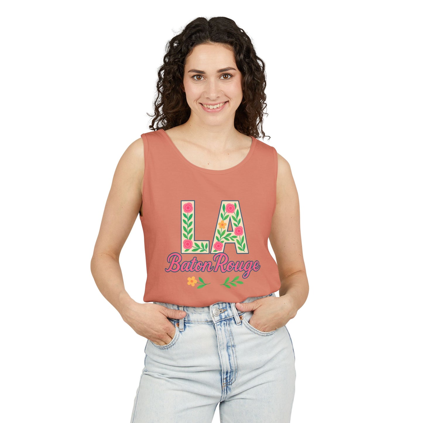LA Baton Rouge Floral Tank Top, Summer Vibes, Unisex Apparel, Gift for Friends, Vacation Outfit, Spring/Summer Wear, Comfort Colors, Graduation Gift