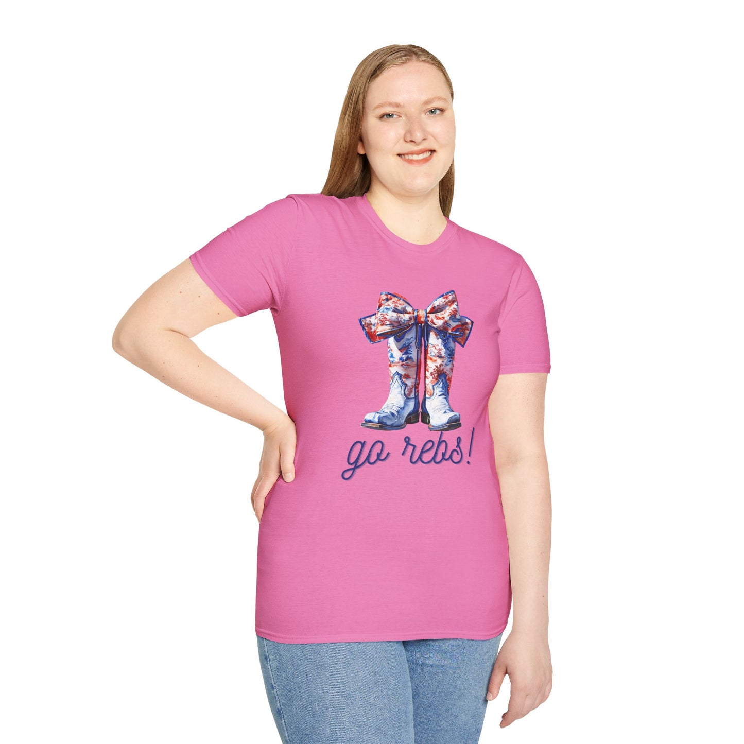, go Rebs  Cheerful Unisex Softstyle T-Shirt with Bow Design | Gift for Sports Fans, Casual Wear, Team Spirit, Game Day Shirt, Cheerleading Top