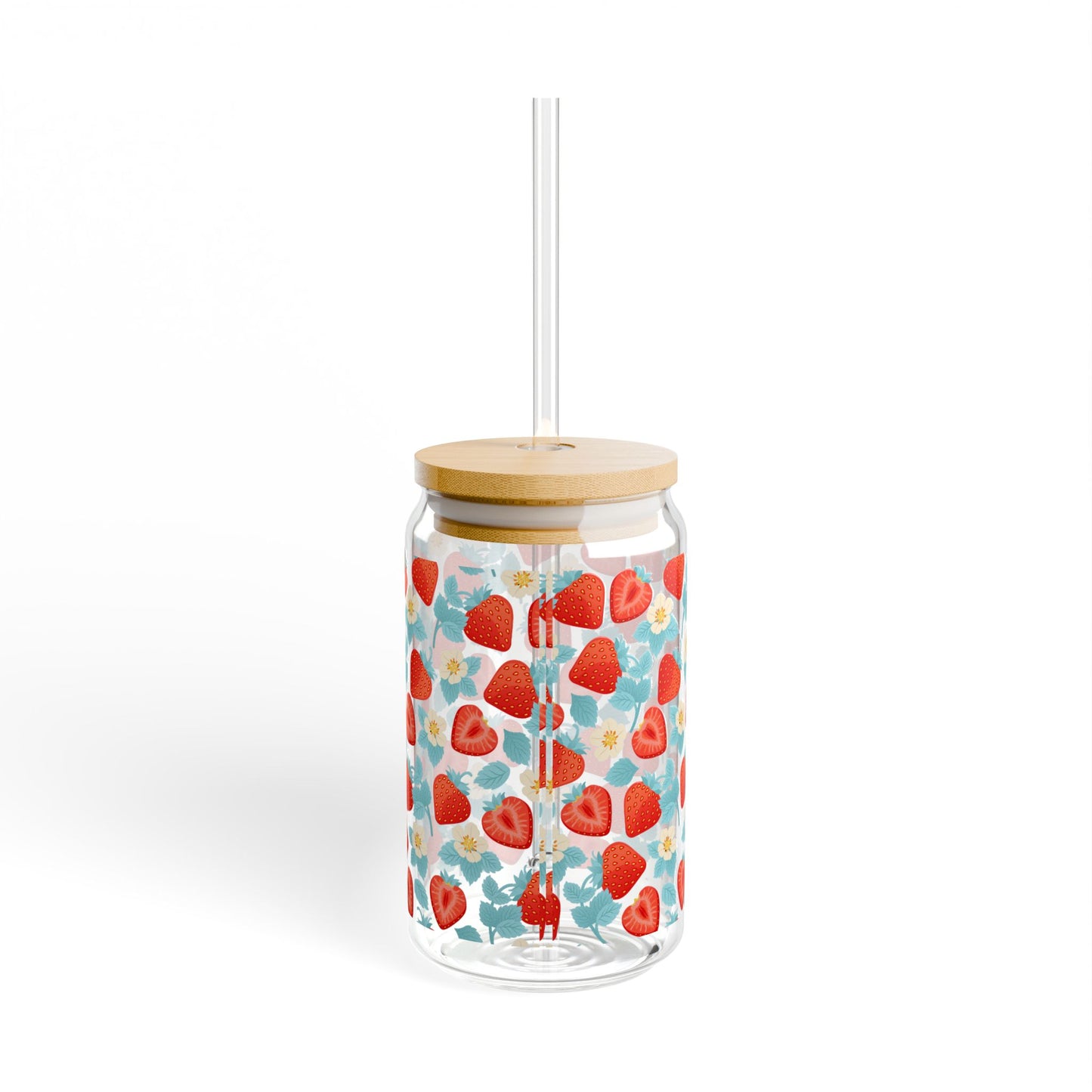 Strawberry Floral Sipper Glass, Eco-Friendly Drinkware for Summer, Mason Jar Style, Perfect for Picnics, Gifts, Home Decor