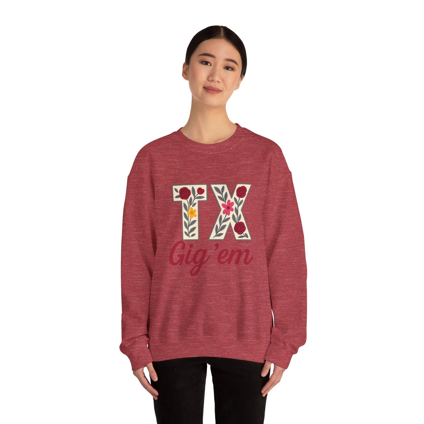 Texas Floral Crewneck Sweatshirt, Cozy Texas Sweatshirt, TX Gig'em Gift, Unisex Sweatshirt for Gamers, Floral Crew Neck for Casual Wear