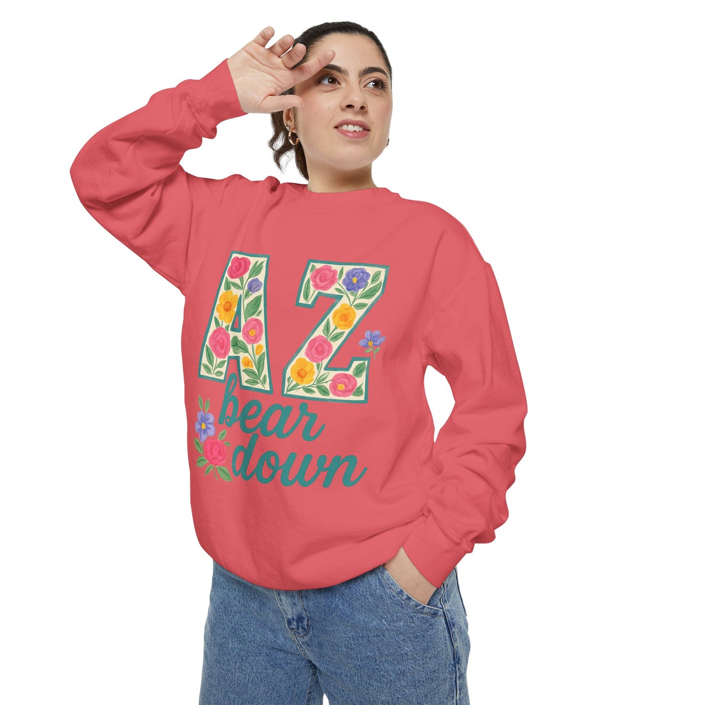 Arizona Floral Sweatshirt, Cozy Unisex Sweatshirt, Trendy Fall Layer, Gift for Him/Her, Sports Spirit Apparel, Bear Down AZ