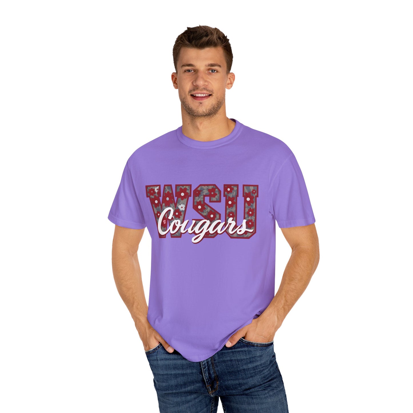 Garment-Dyed T-Shirt with WSU Cougars Design, Casual Wear, College Apparel, Sports Fan Gear, Comfortable Lifestyle Top, WSU Cougars