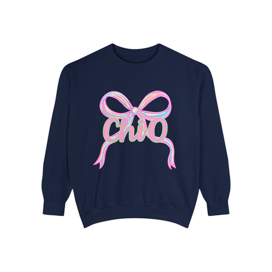 CHIO Chic Bow Graphic Unisex Garment-Dyed Sweatshirt, Cozy Pullover, Fashionable Gift, Casual Outfit, Spring Style, Trendy Apparel