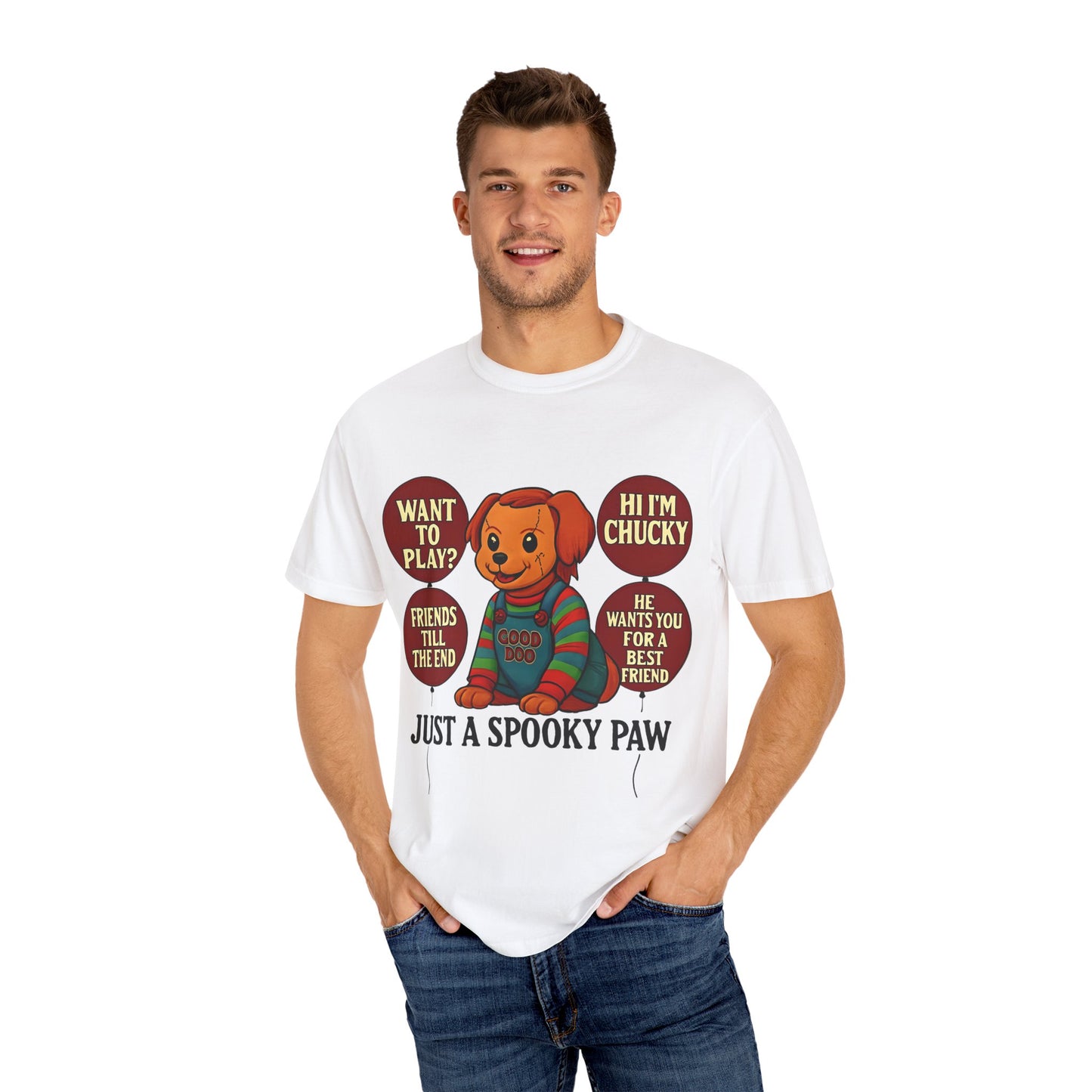 Spooky Graphic T-shirt, Halloween Costume Top, Unisex Tee, Funny Chucky Shirt, Gift for Horror Fans, Cute Spooky Apparel