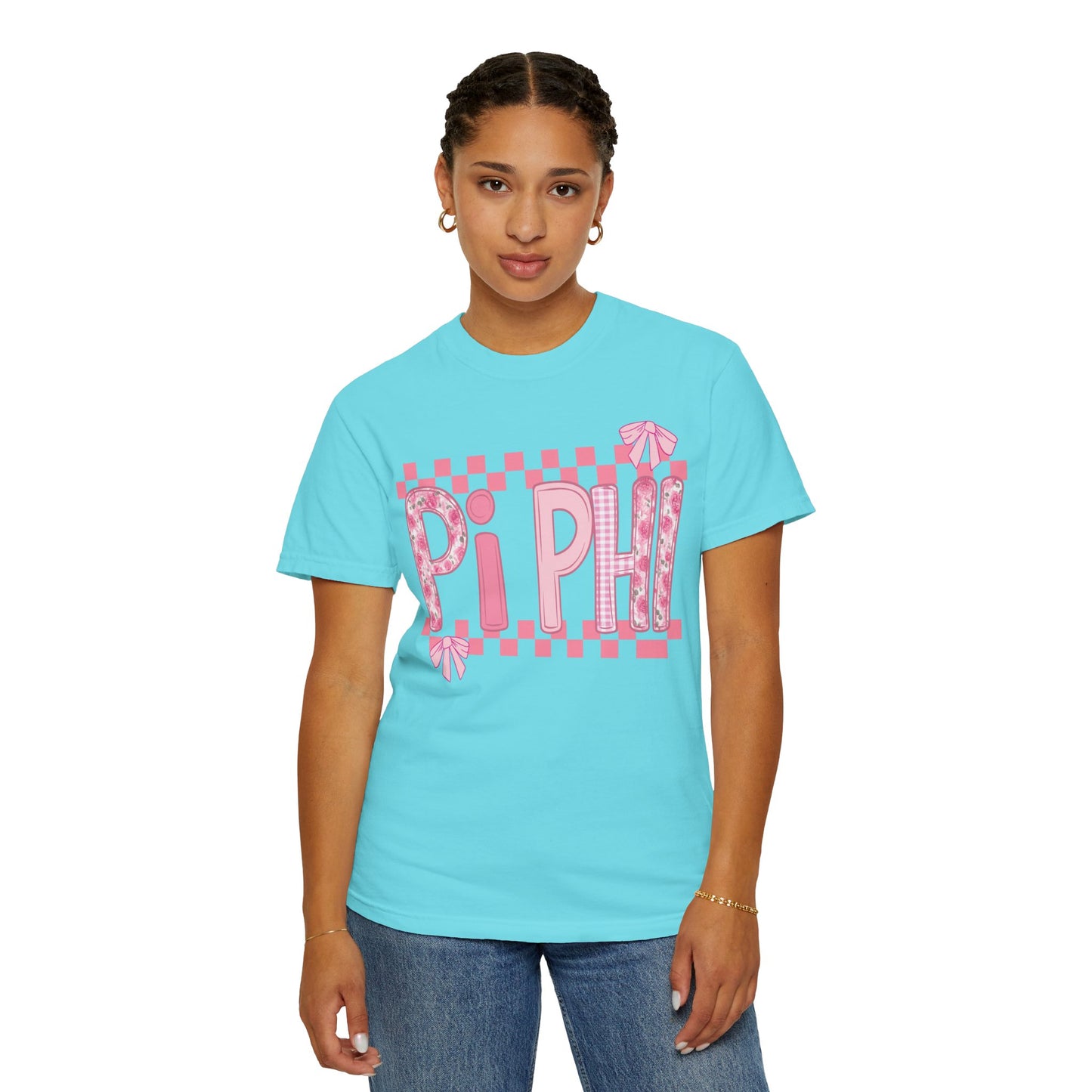 Cute Garment-Dyed T-Shirt for Sorority Sisters, Pi -Checked Style, Perfect for Casual Outings, Sorority Events, Gifts
