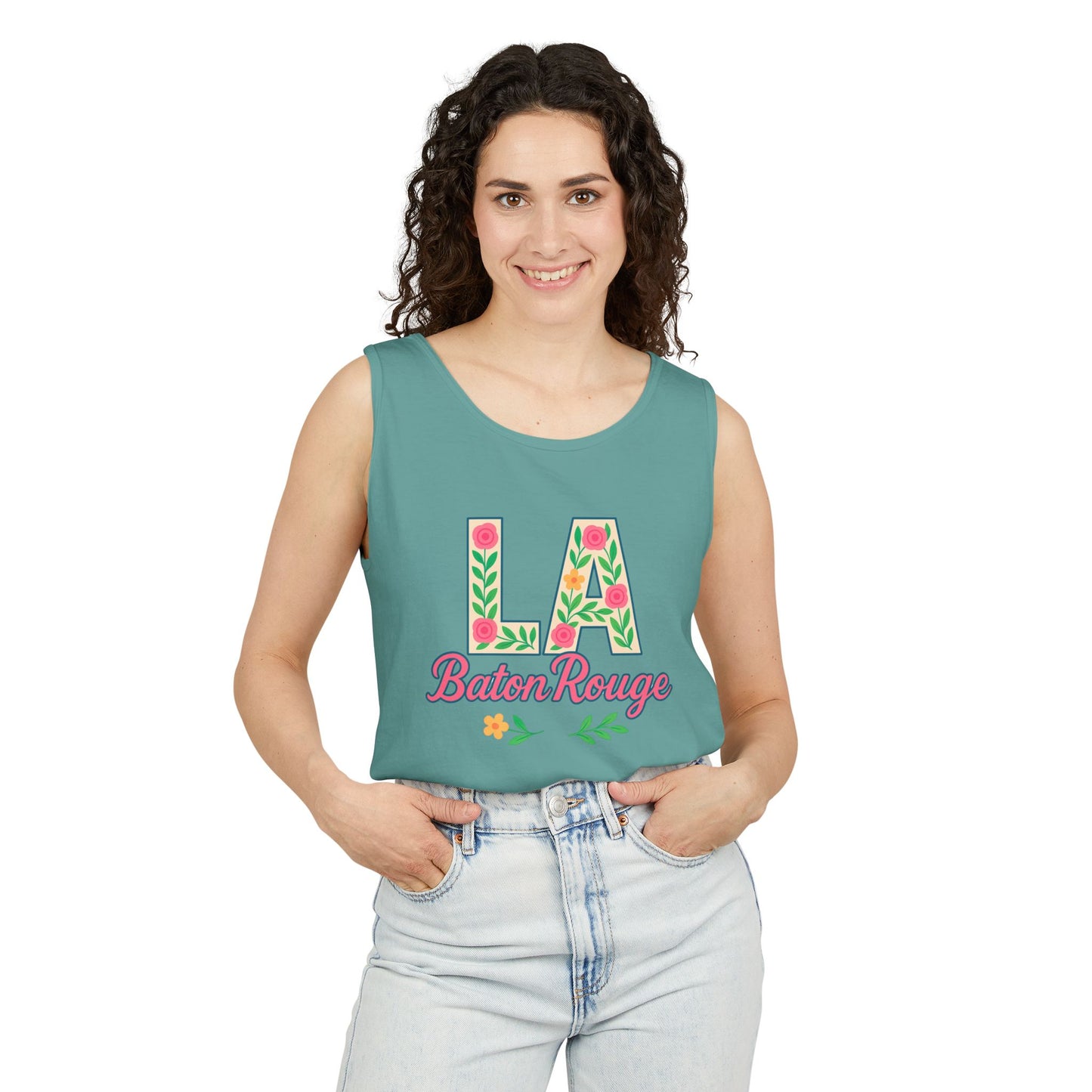 LA Baton Rouge Floral Tank Top, Summer Vibes, Unisex Apparel, Gift for Friends, Vacation Outfit, Spring/Summer Wear, Comfort Colors, Graduation Gift