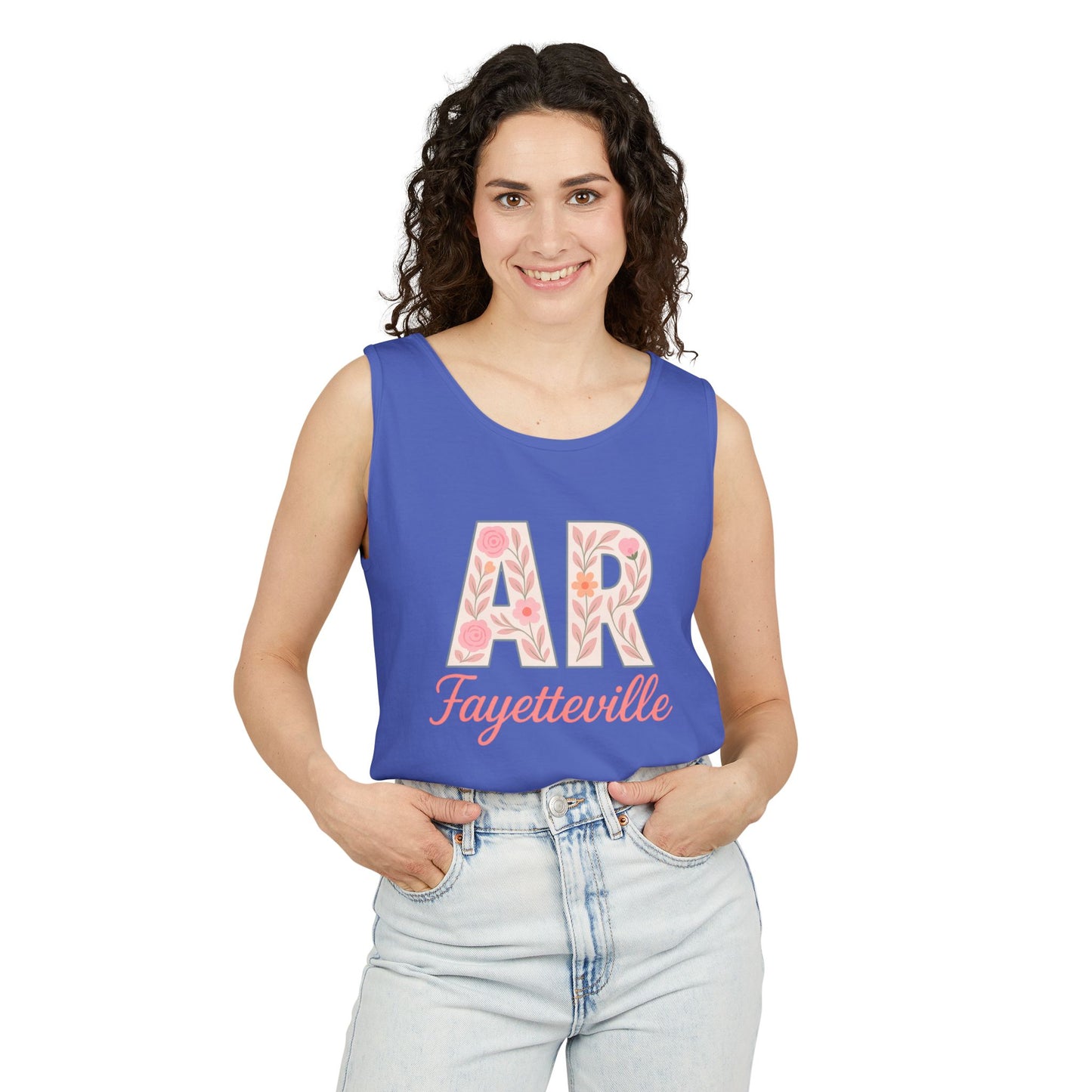 Fayetteville Floral Tank Top, Casual Summer Top, Gift for Her, Travel Apparel, Arkansas Style, Arkansas Student Gift, Graduation Gift, Comfort Colors