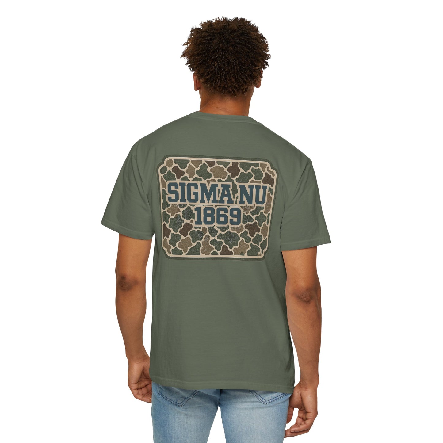 SigmaNu Camouflage T-Shirt | Unisex Garment-Dyed Tee for Greek Life | Ideal for Fraternity Events, Casual Wear, Gifts, Game Days