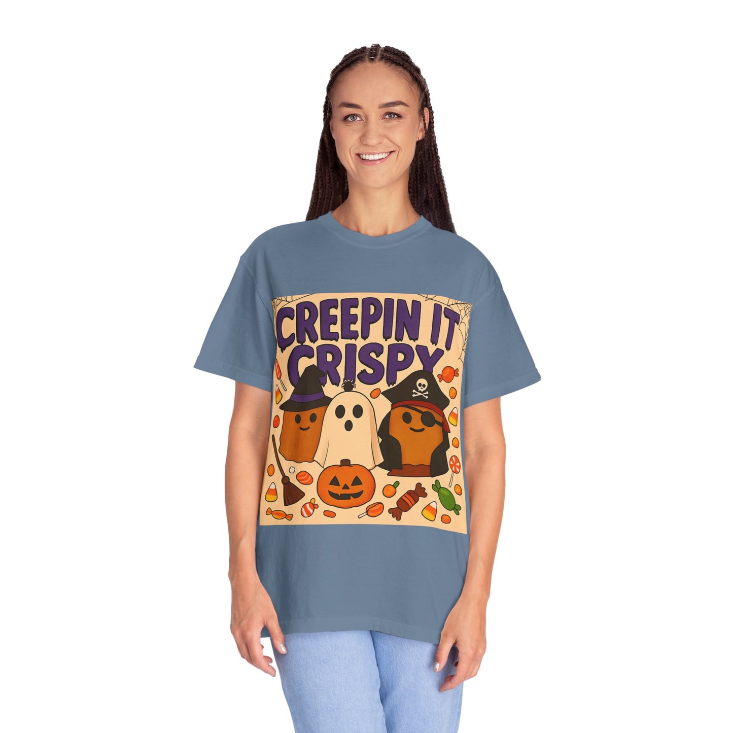 Halloween Themed T-Shirt, Creepin It Crispy T-Shirt, Unisex Shirt for Fall, Cute Halloween Tee, Festive Ghost & Candy Design