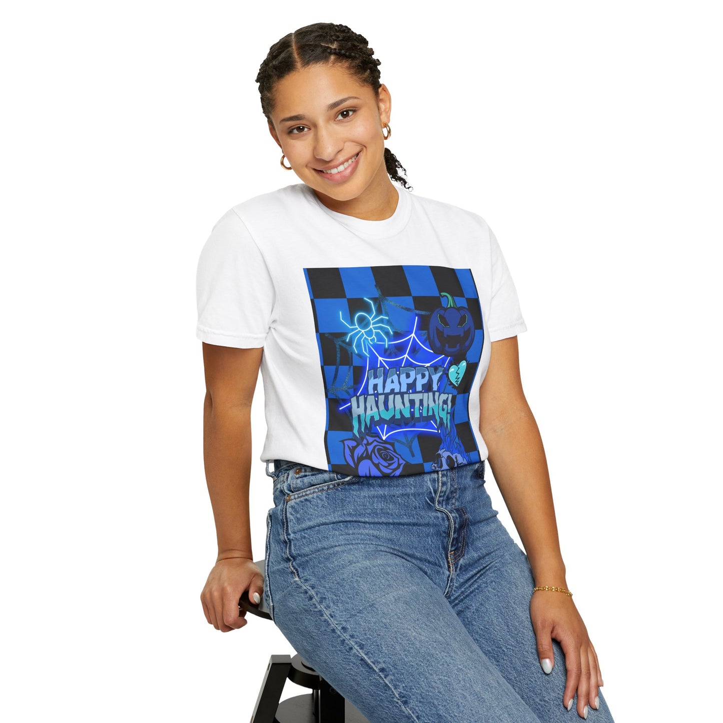 Happy Haunting Unisex Garment-Dyed T-shirt, Halloween Tee, Spooky Shirt, Fall Fashion, Casual Wear, Pumpkin Fest
