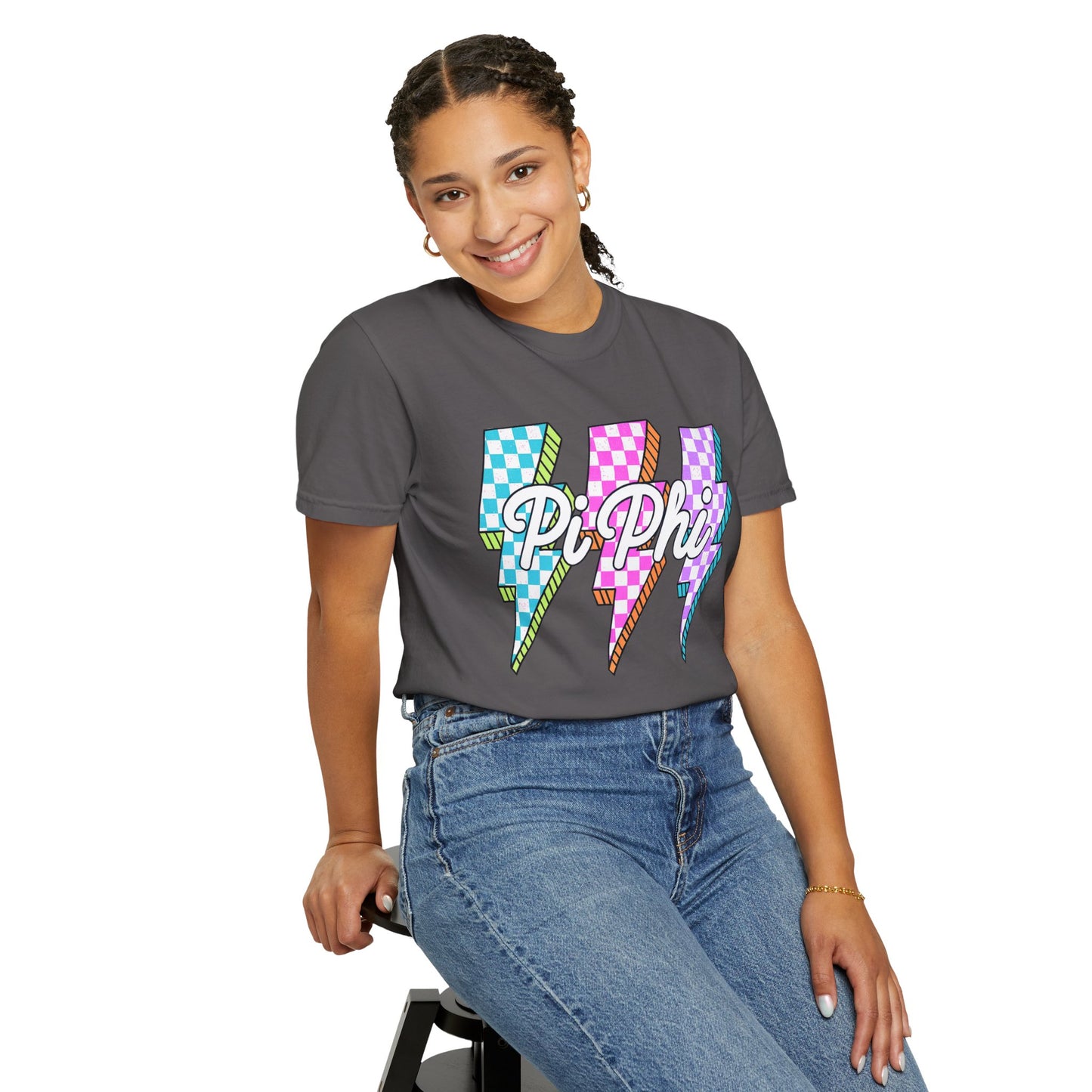 PB Phi Lightning Bolt Unisex T-shirt | Vibrant Greek Life Apparel, Unique Gift for Sorority Sisters, Casual Wear, Celebrating Sisterhood