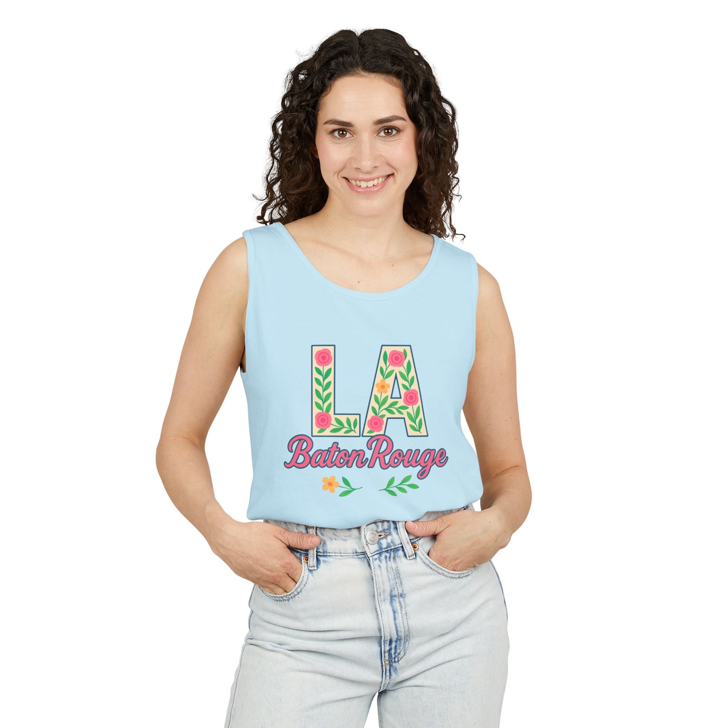 LA Baton Rouge Floral Tank Top, Summer Vibes, Unisex Apparel, Gift for Friends, Vacation Outfit, Spring/Summer Wear, Comfort Colors, Graduation Gift