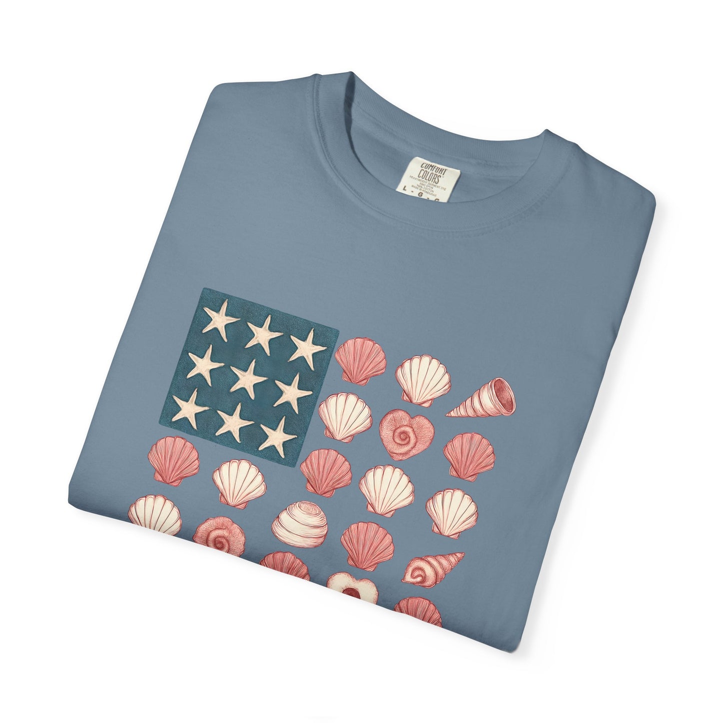 Comfort Colors-Seashell Flag T-Shirt, Unisex, American Flag, Beach Vibes, Nautical Gift, Summer Vibes, July 4th