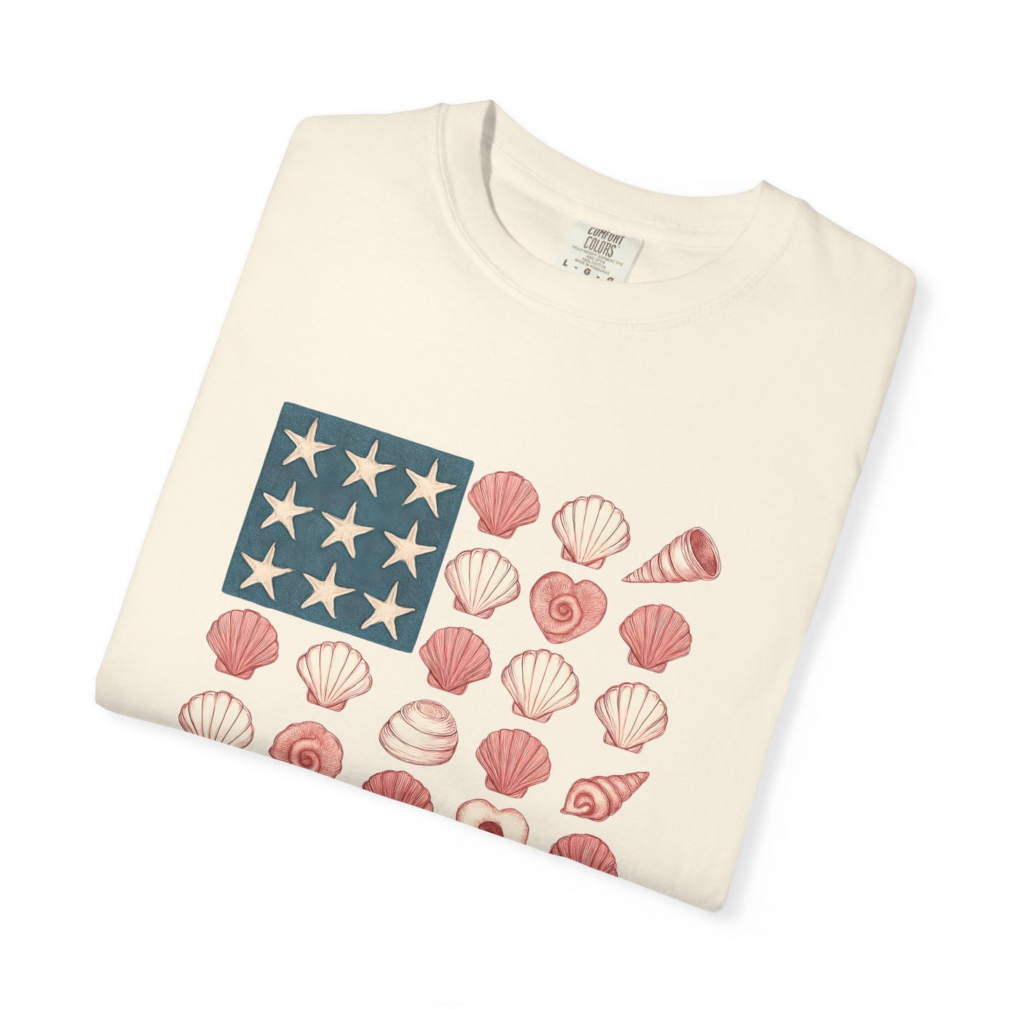 Comfort Colors-Seashell Flag T-Shirt, Unisex, American Flag, Beach Vibes, Nautical Gift, Summer Vibes, July 4th