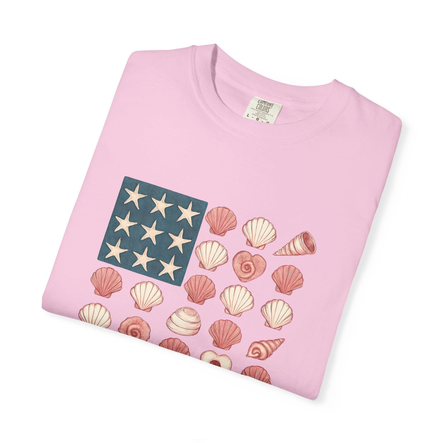 Comfort Colors-Seashell Flag T-Shirt, Unisex, American Flag, Beach Vibes, Nautical Gift, Summer Vibes, July 4th