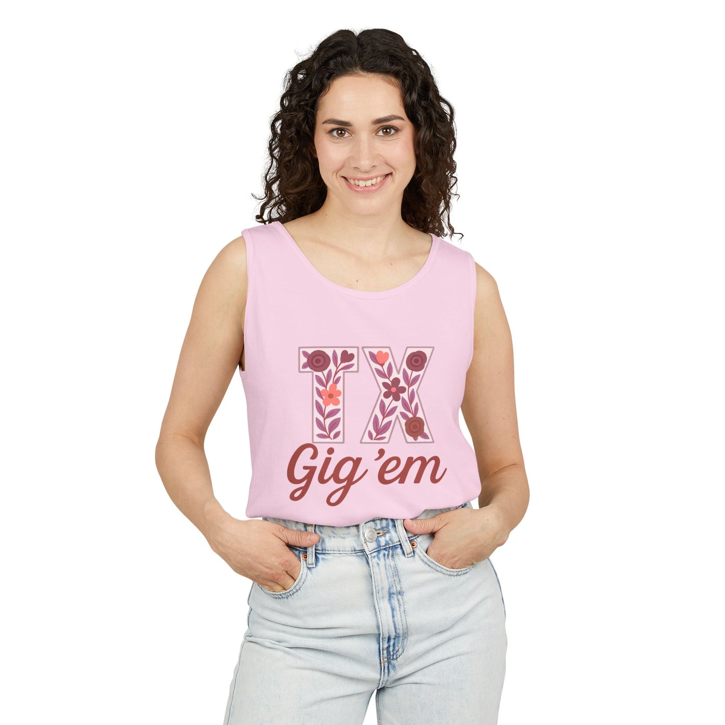 Texas Gig 'Em Tank Top, Unisex Summer Apparel, Cute Floral Design, Perfect for College Fans, Gifts, Comfort Colors, Graduation Gift