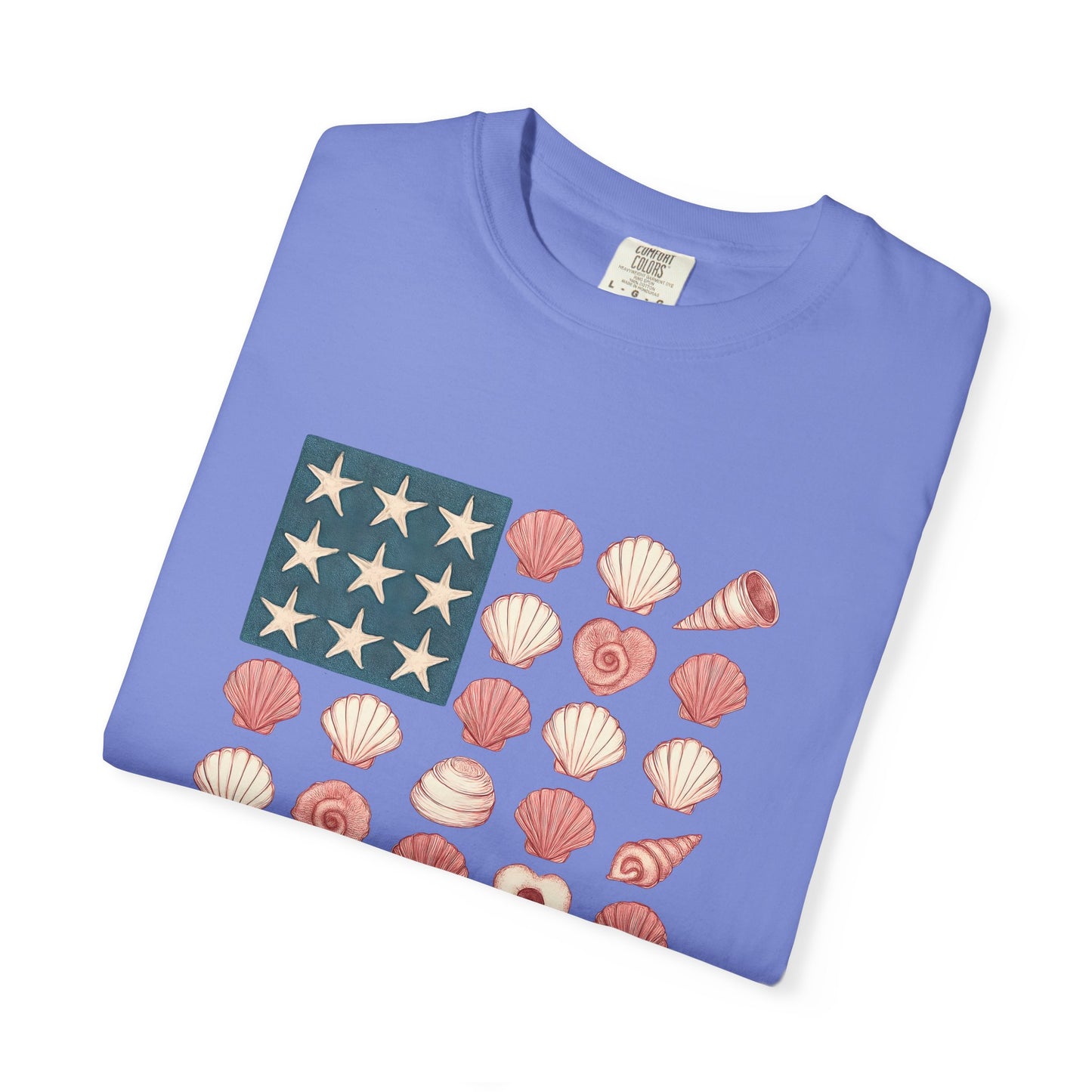 Comfort Colors-Seashell Flag T-Shirt, Unisex, American Flag, Beach Vibes, Nautical Gift, Summer Vibes, July 4th
