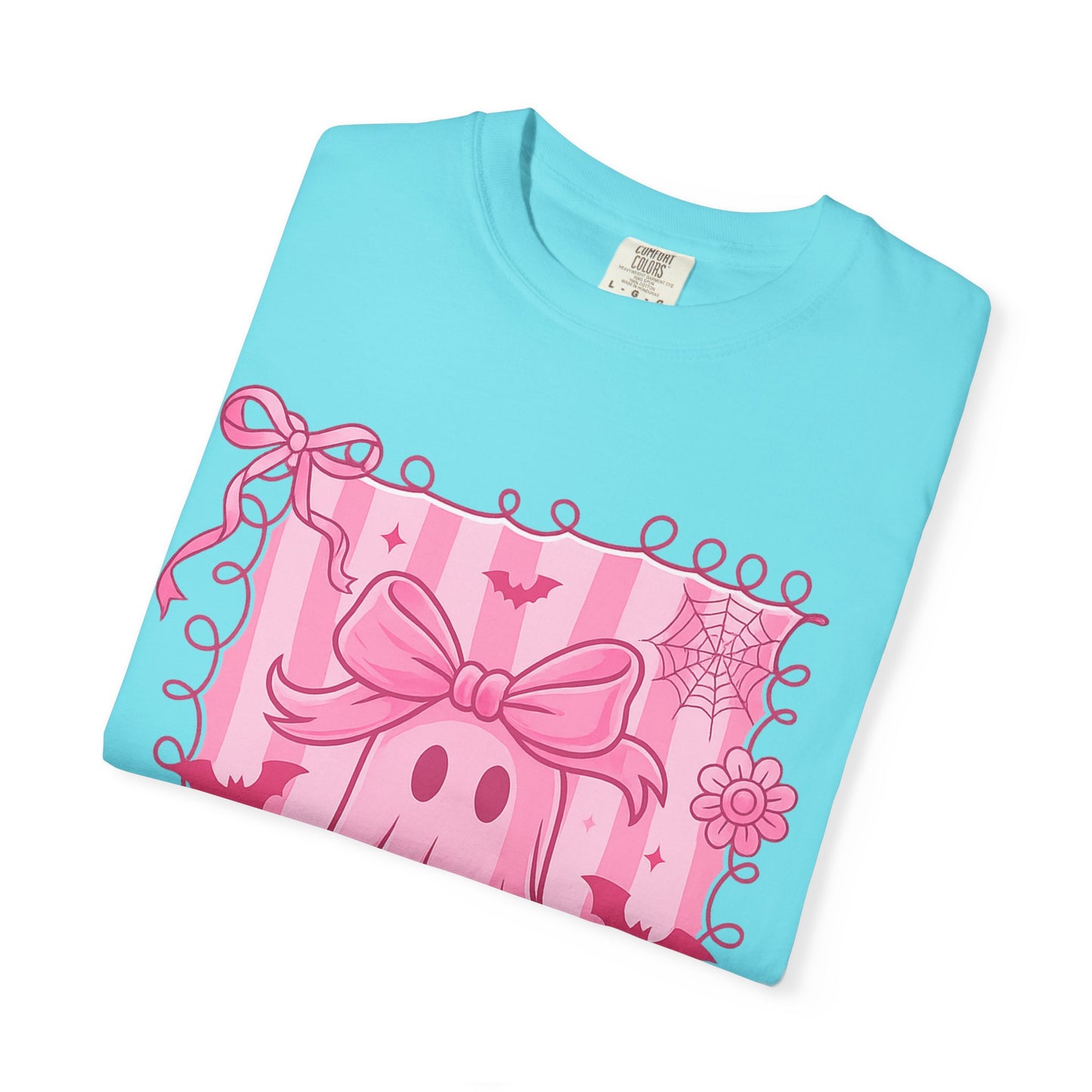 Cute Pink Ghost Graphic T-Shirt, Pink Halloween Tee, Unisex Garment-Dyed Top, Spooky Style for Fall, Trick or Treat Fashion