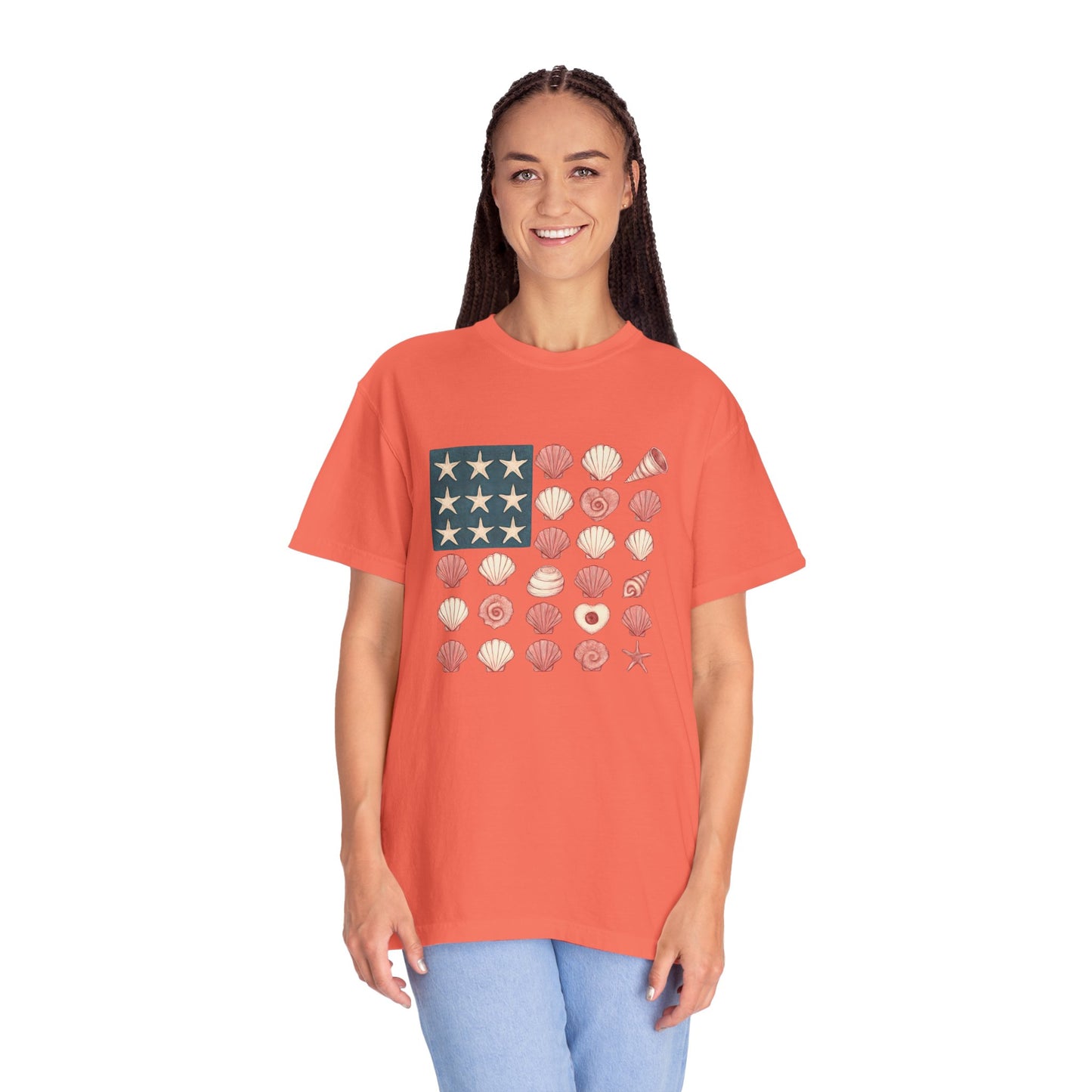 Comfort Colors-Seashell Flag T-Shirt, Unisex, American Flag, Beach Vibes, Nautical Gift, Summer Vibes, July 4th