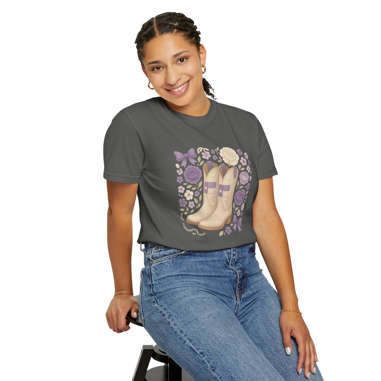 Whimsical Floral Boots Unisex T-Shirt | Casual Style, Gift for Her, Texas Christian University, TCU Frogs, Comfort Colors, Texas Fan gift, Graduation Gift