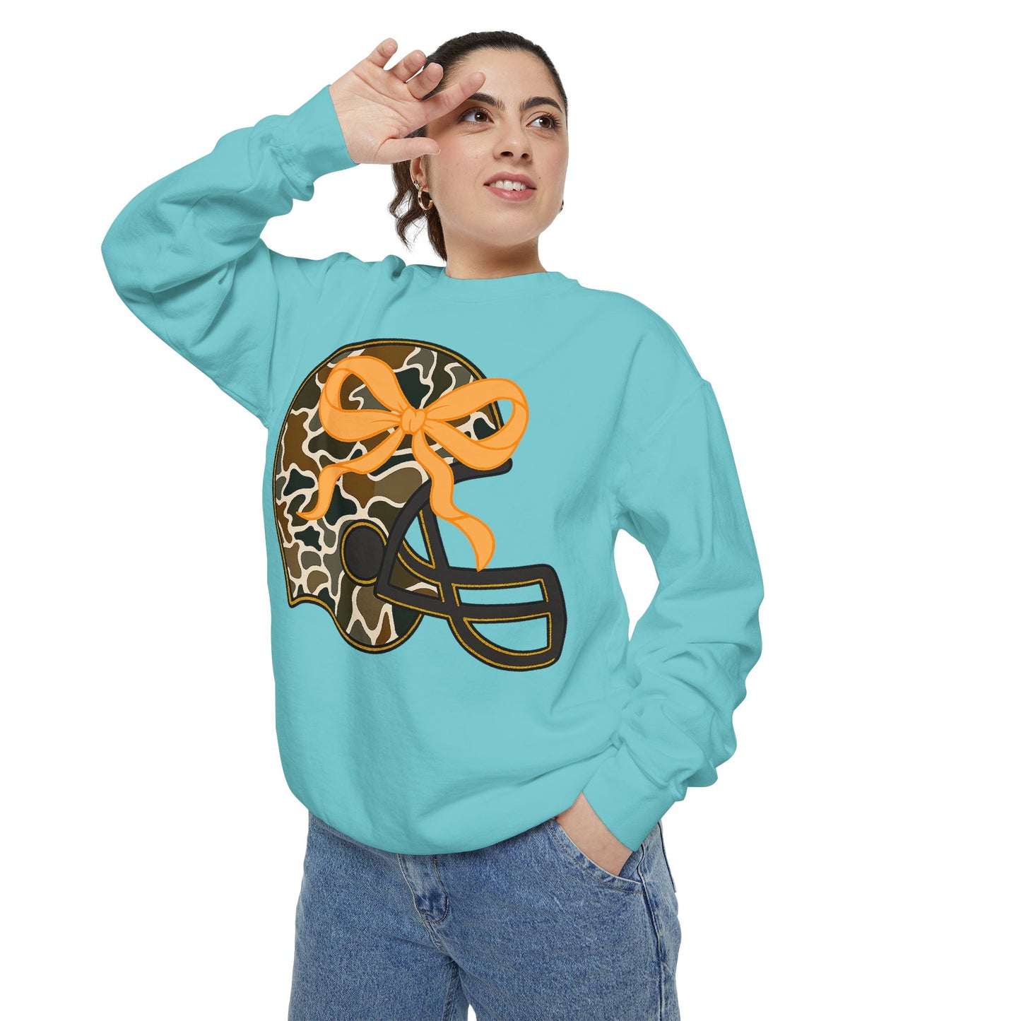 Comfort colors sweatshirt Camo Helmet Design, Casual Athletic Wear, Unisex Fall Fashion, Gift for Sports Fans