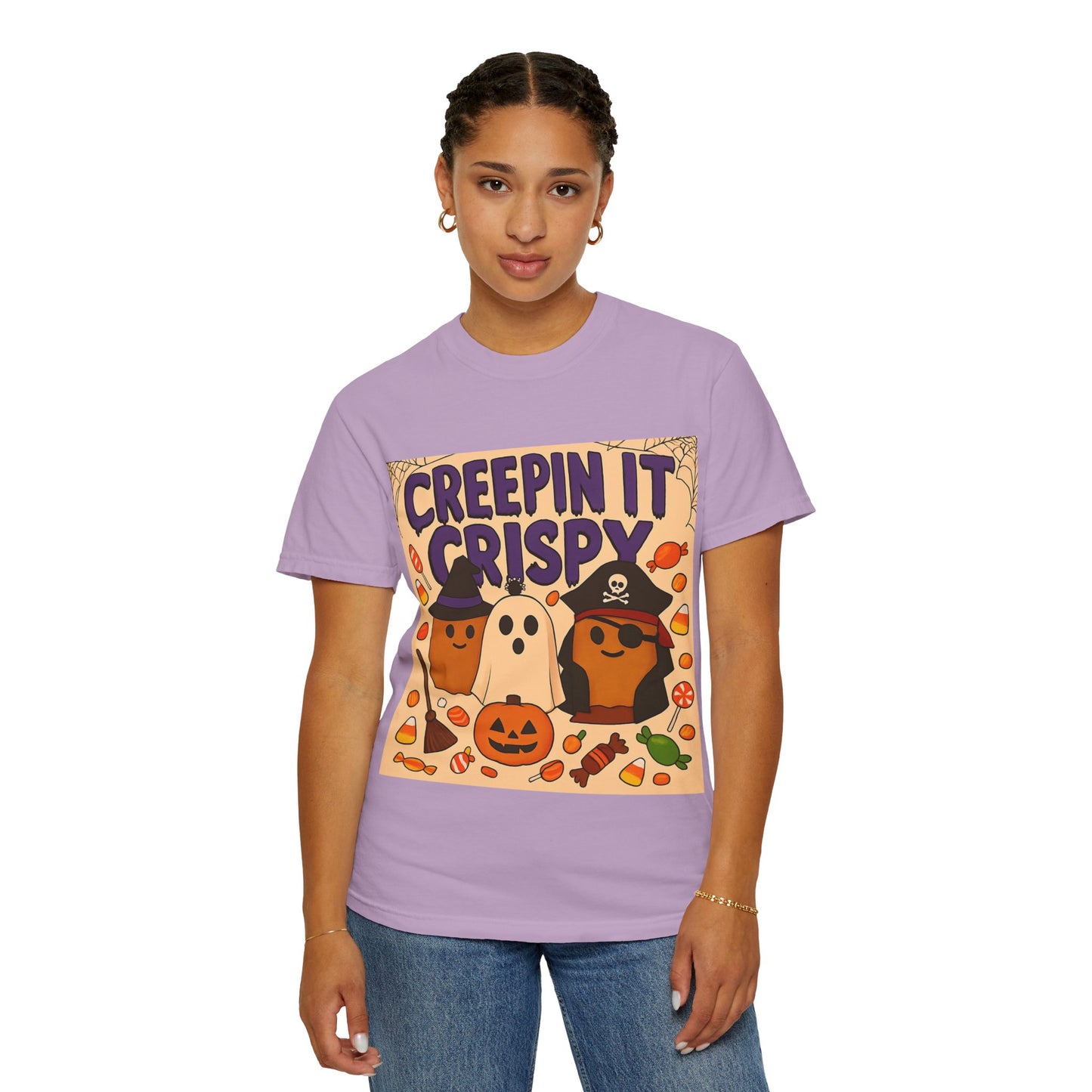 Halloween Themed T-Shirt, Creepin It Crispy T-Shirt, Unisex Shirt for Fall, Cute Halloween Tee, Festive Ghost & Candy Design