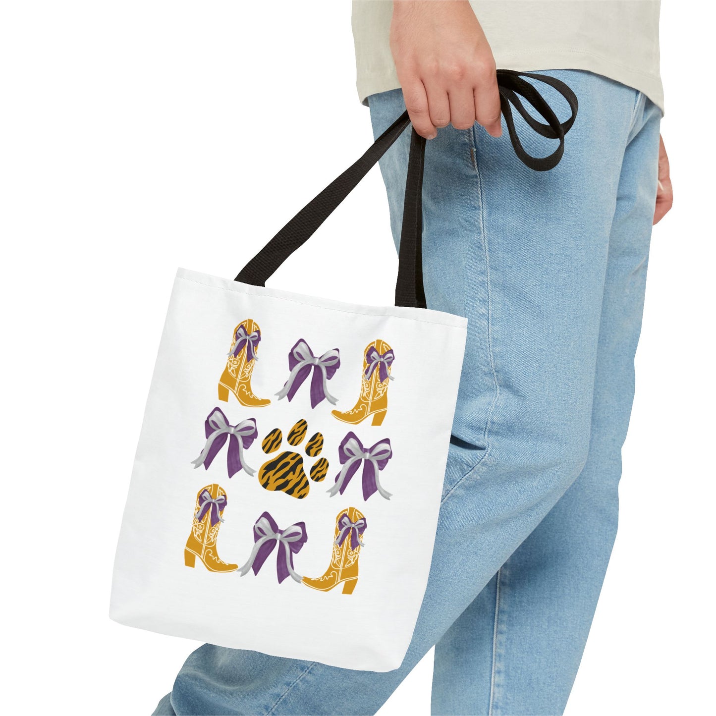 LSu coquette bow Print Tote Bag, Eco-Friendly Fashion Bag, lsu tiger fan, louisiana game day, geaux tigers, college student gift, graduation gift