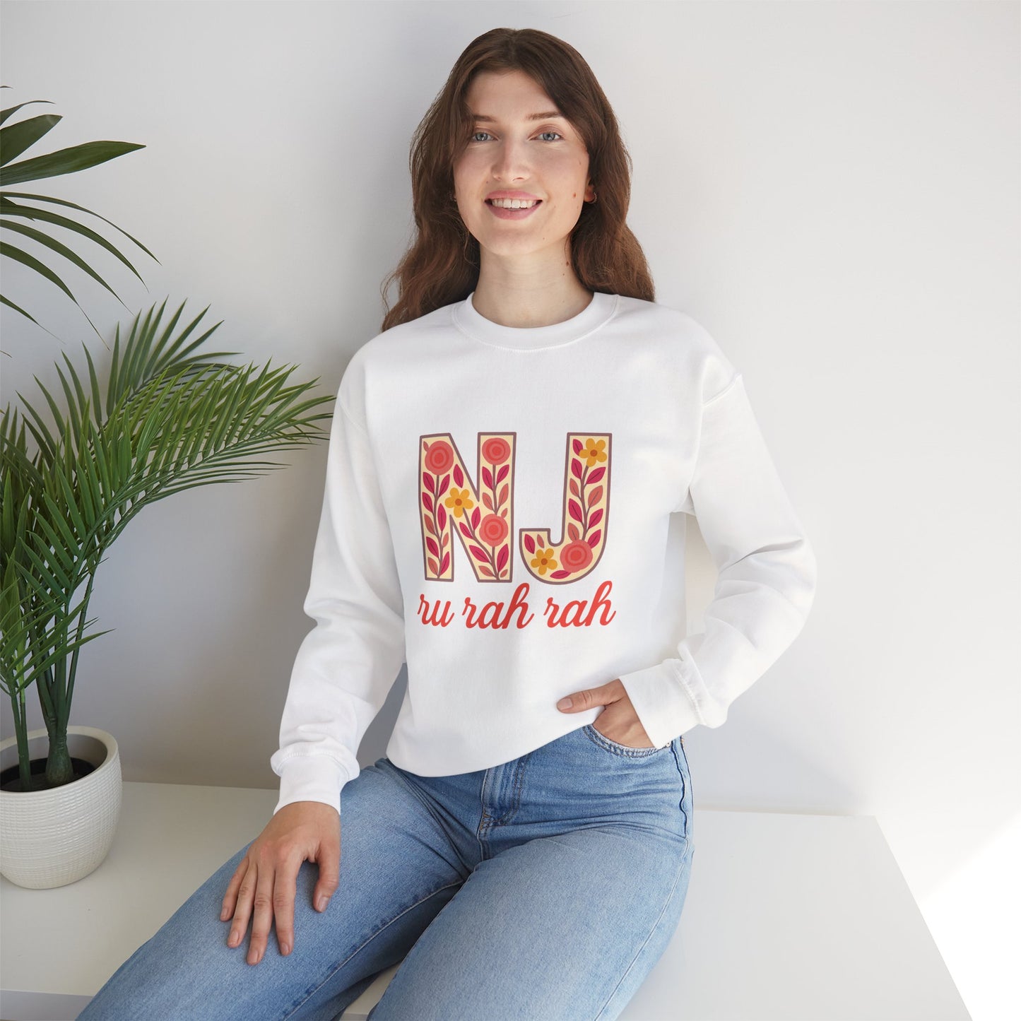 NJ Floral Pattern Crewneck Sweatshirt, Cozy Jersey, Casual Layer, Unique Gift, Fall Fashion, Unisex Apparel