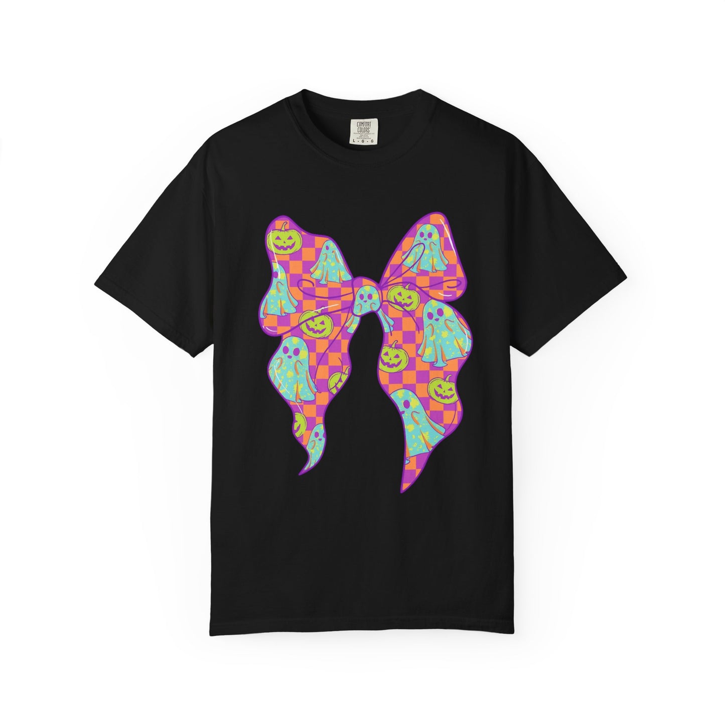 Neon Checkered Ghost Bow T-Shirt - Fun Lovers Halloween Unisex Tee