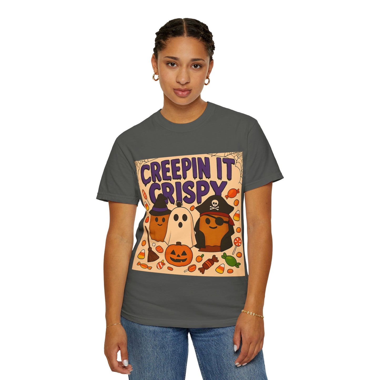 Halloween Themed T-Shirt, Creepin It Crispy T-Shirt, Unisex Shirt for Fall, Cute Halloween Tee, Festive Ghost & Candy Design