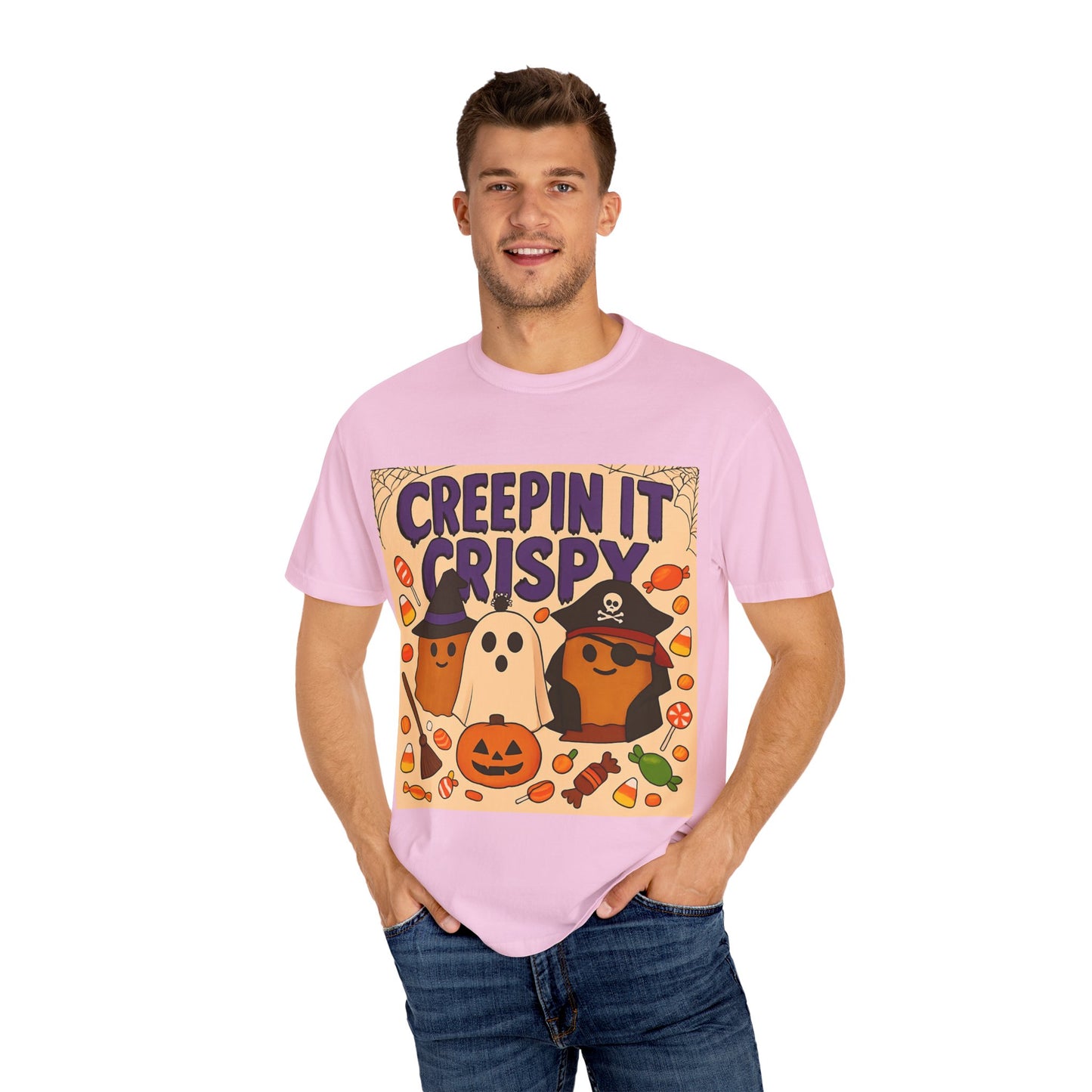 Halloween Themed T-Shirt, Creepin It Crispy T-Shirt, Unisex Shirt for Fall, Cute Halloween Tee, Festive Ghost & Candy Design