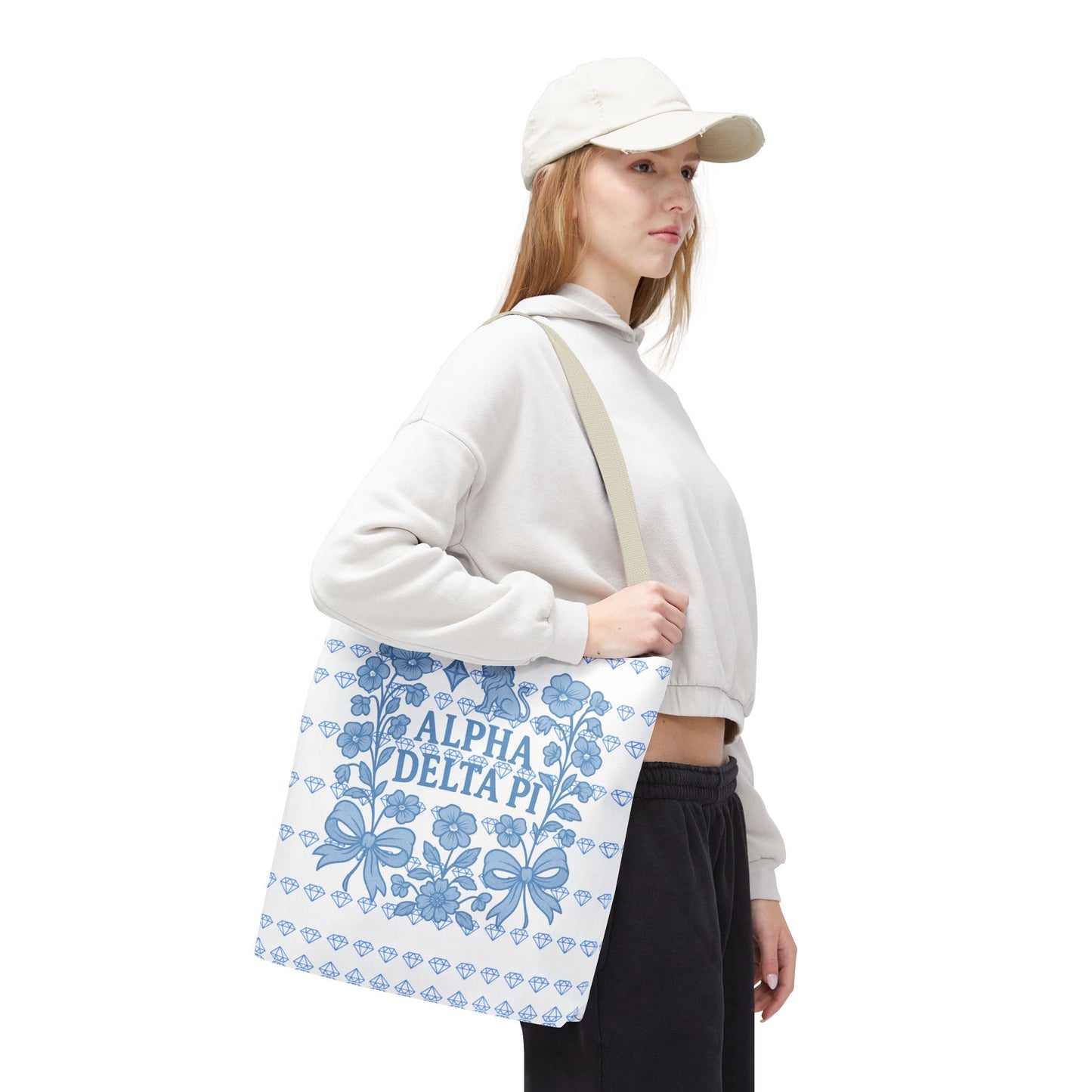 Alpha Delta Pi Floral Tote Bag - Stylish Sorority Accessory, Gift for College Students, Everyday Use, Blue Floral Design, AOP Style