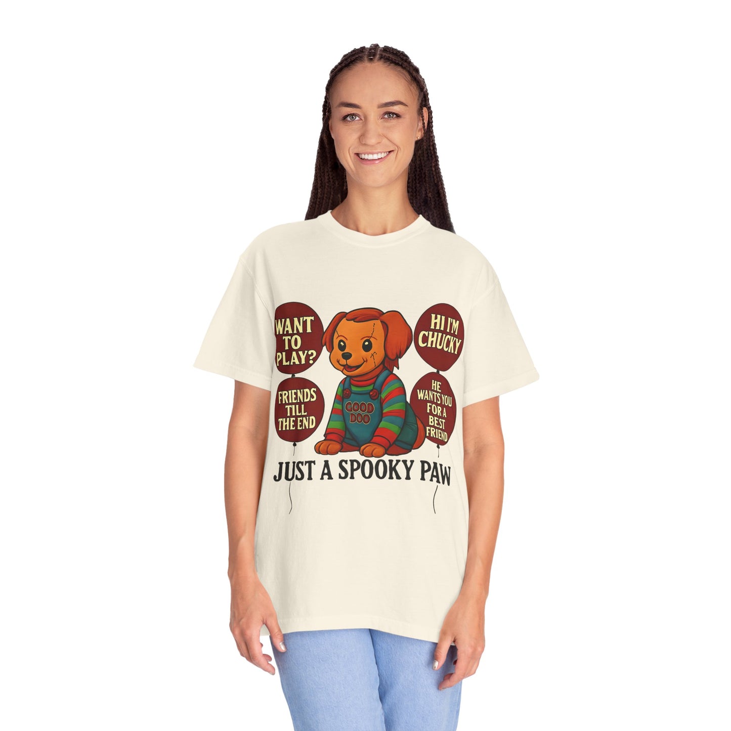 Spooky Graphic T-shirt, Halloween Costume Top, Unisex Tee, Funny Chucky Shirt, Gift for Horror Fans, Cute Spooky Apparel