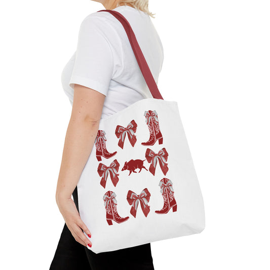 Arkansas Coquette Bow Chic Tote Bag - Stylish Carryall for Cowgirls, Woo Pig Gifts, AR Razorback Fan Gift, Arkansas Game Day Tote, Graduation Gift, Arkansas Alumni