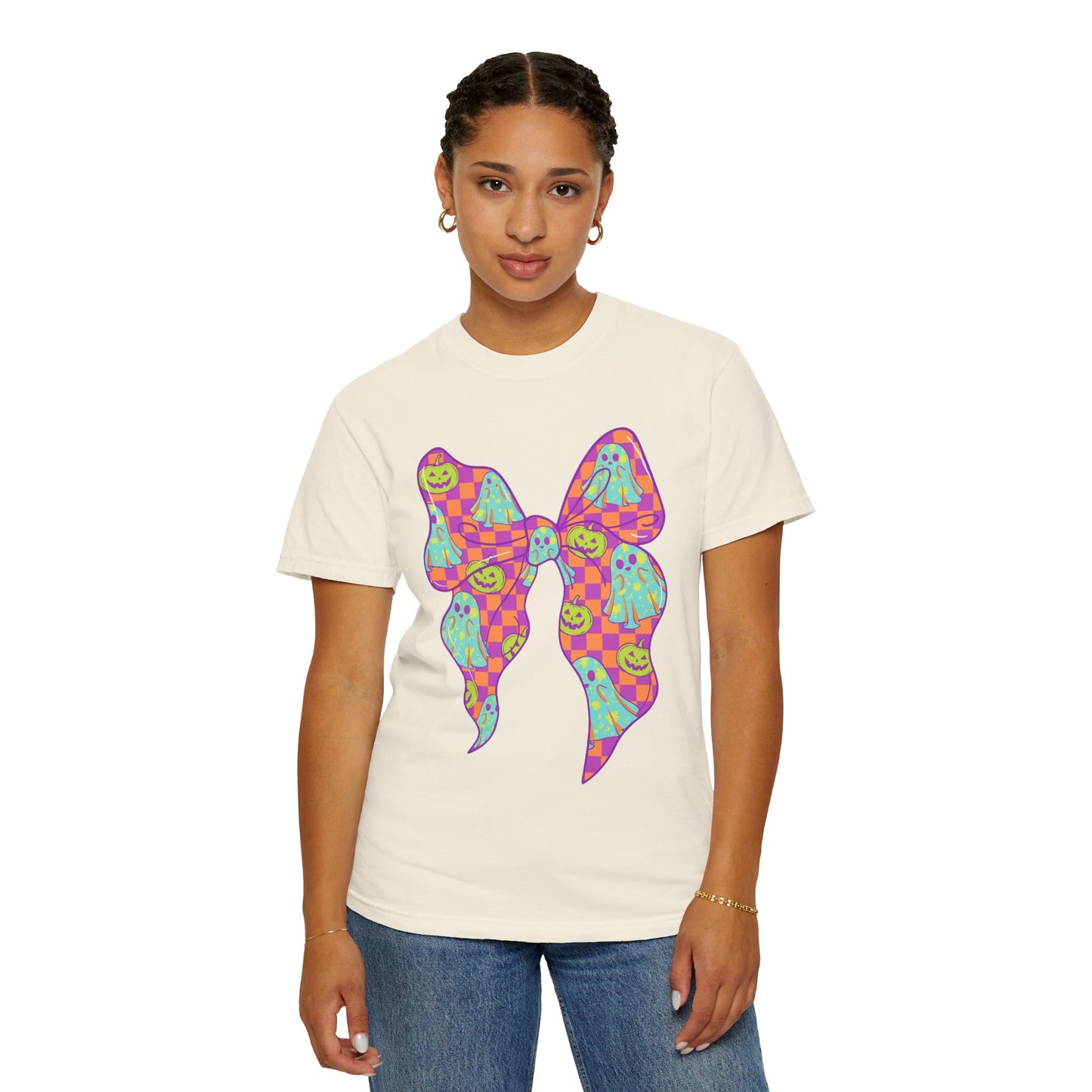 Neon Checkered Ghost Bow T-Shirt - Fun Lovers Halloween Unisex Tee