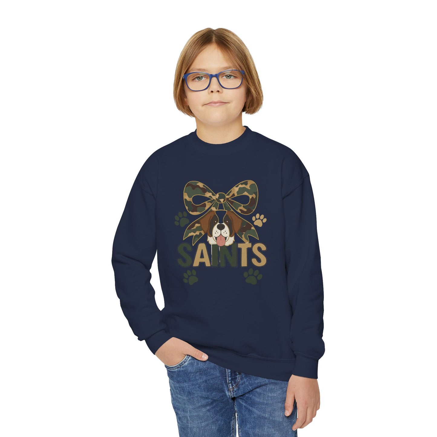 Youth Crewneck Sweatshirt with Camo Bow and Paw Prints, Dog Lovers Gift, Cozy Pet-Themed Apparel, Great for Holidays, Perfect for [...]