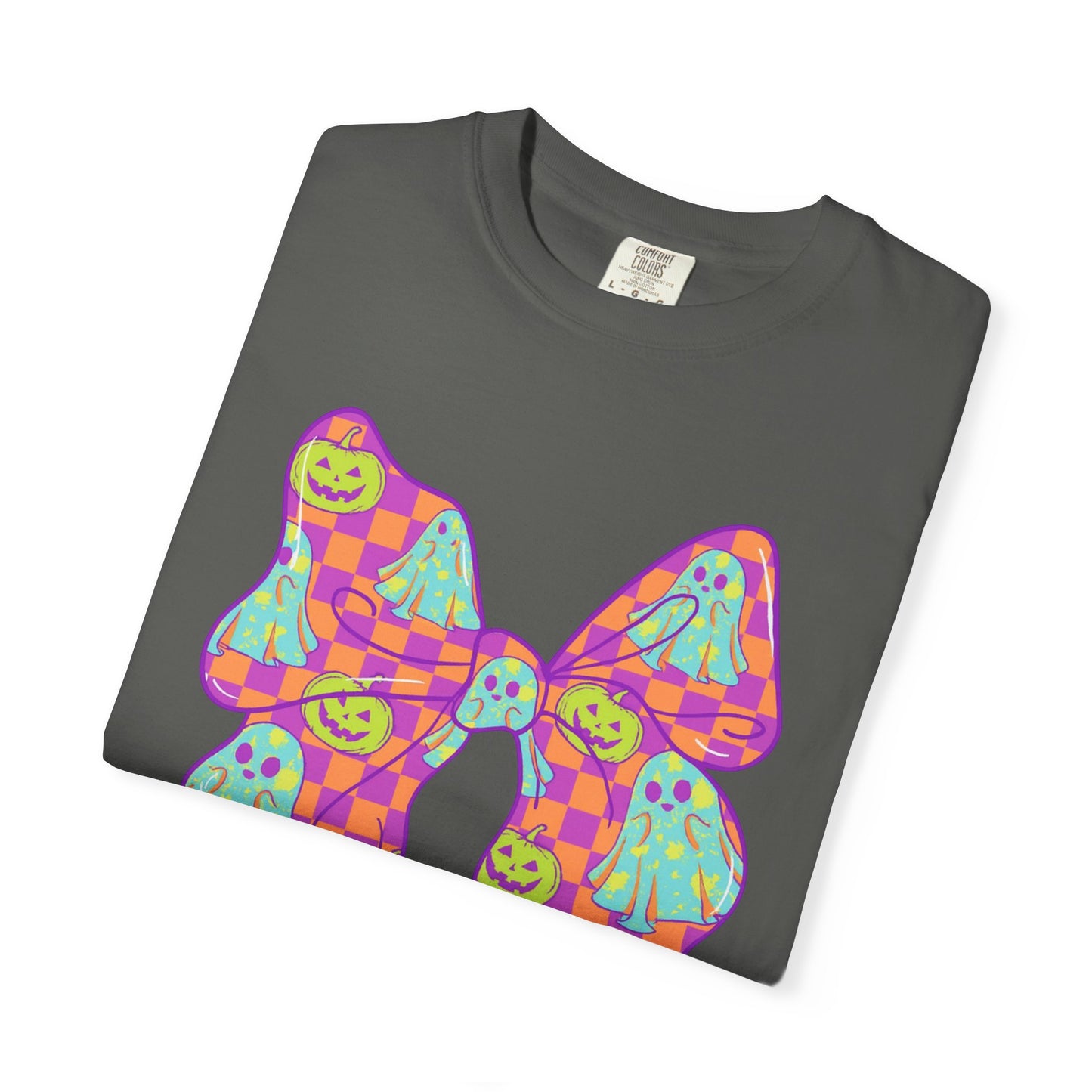 Neon Checkered Ghost Bow T-Shirt - Fun Lovers Halloween Unisex Tee