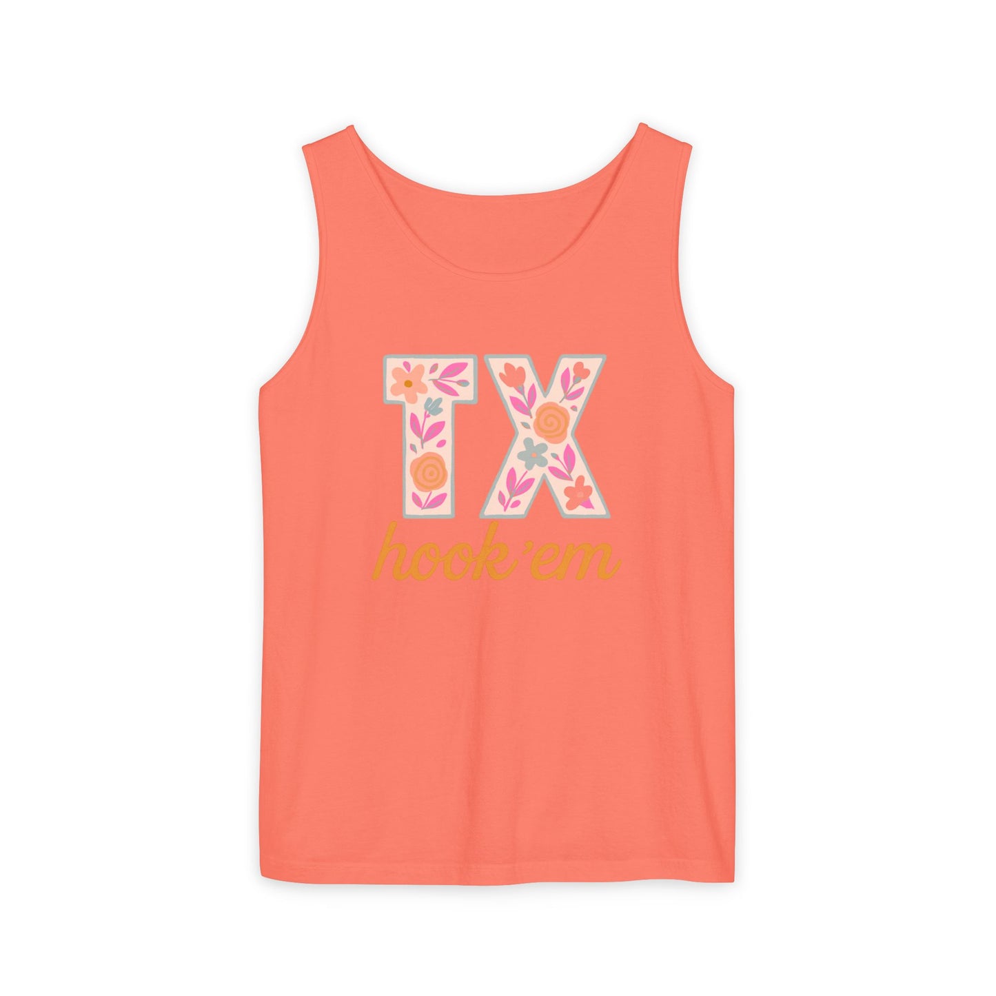 Texas Floral Hook 'Em Unisex Tank Top, Summer Vibe, Casual Wear, College Gear, Gift for Graduates, Texas Pride Apparel, Comfort Colors, Graduation Gift