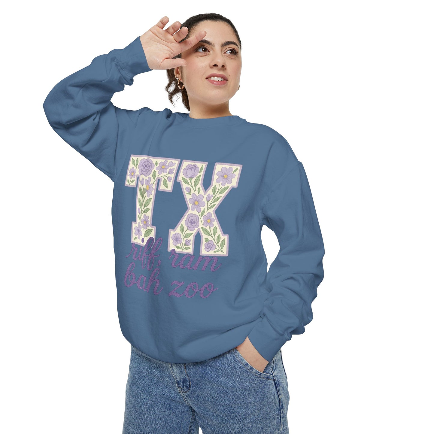 TCU Floral TX Sweatshirt - Unisex Garment-Dyed, Cozy Casual Wear, Texas Pride, Gift for Friends, College Apparel, Spring Outfits