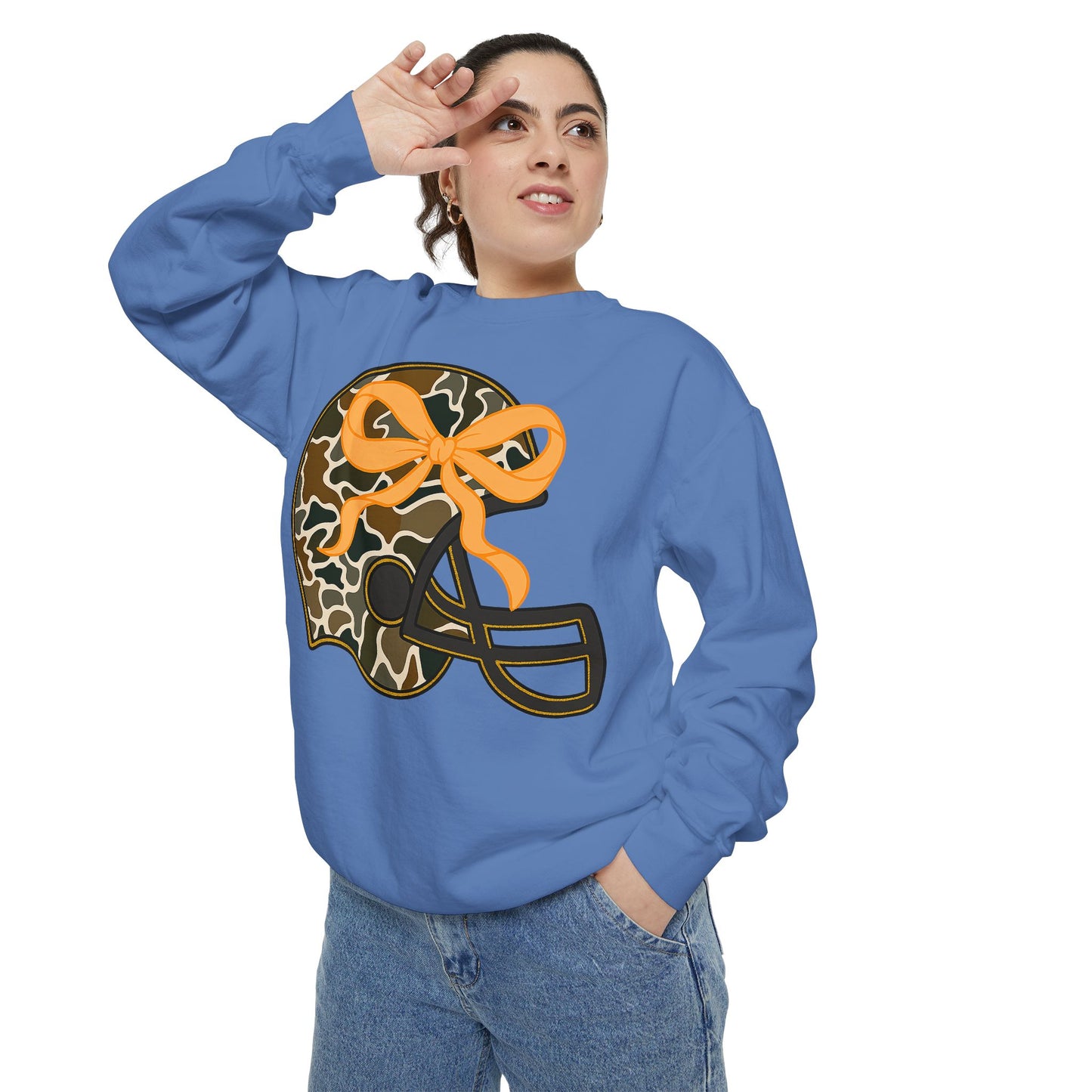 Comfort colors sweatshirt Camo Helmet Design, Casual Athletic Wear, Unisex Fall Fashion, Gift for Sports Fans