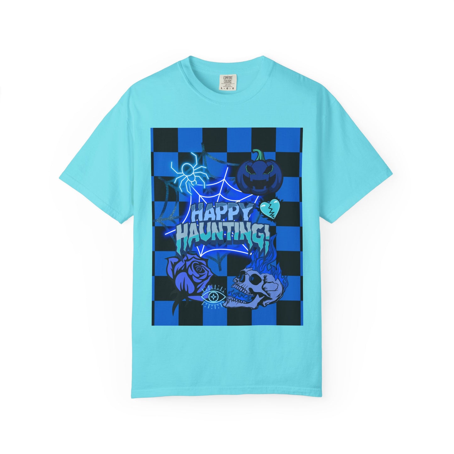 Happy Haunting Unisex Garment-Dyed T-shirt, Halloween Tee, Spooky Shirt, Fall Fashion, Casual Wear, Pumpkin Fest