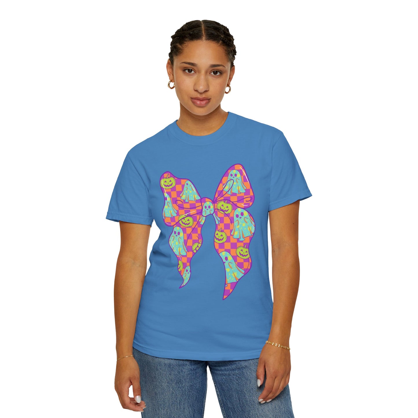 Neon Checkered Ghost Bow T-Shirt - Fun Lovers Halloween Unisex Tee