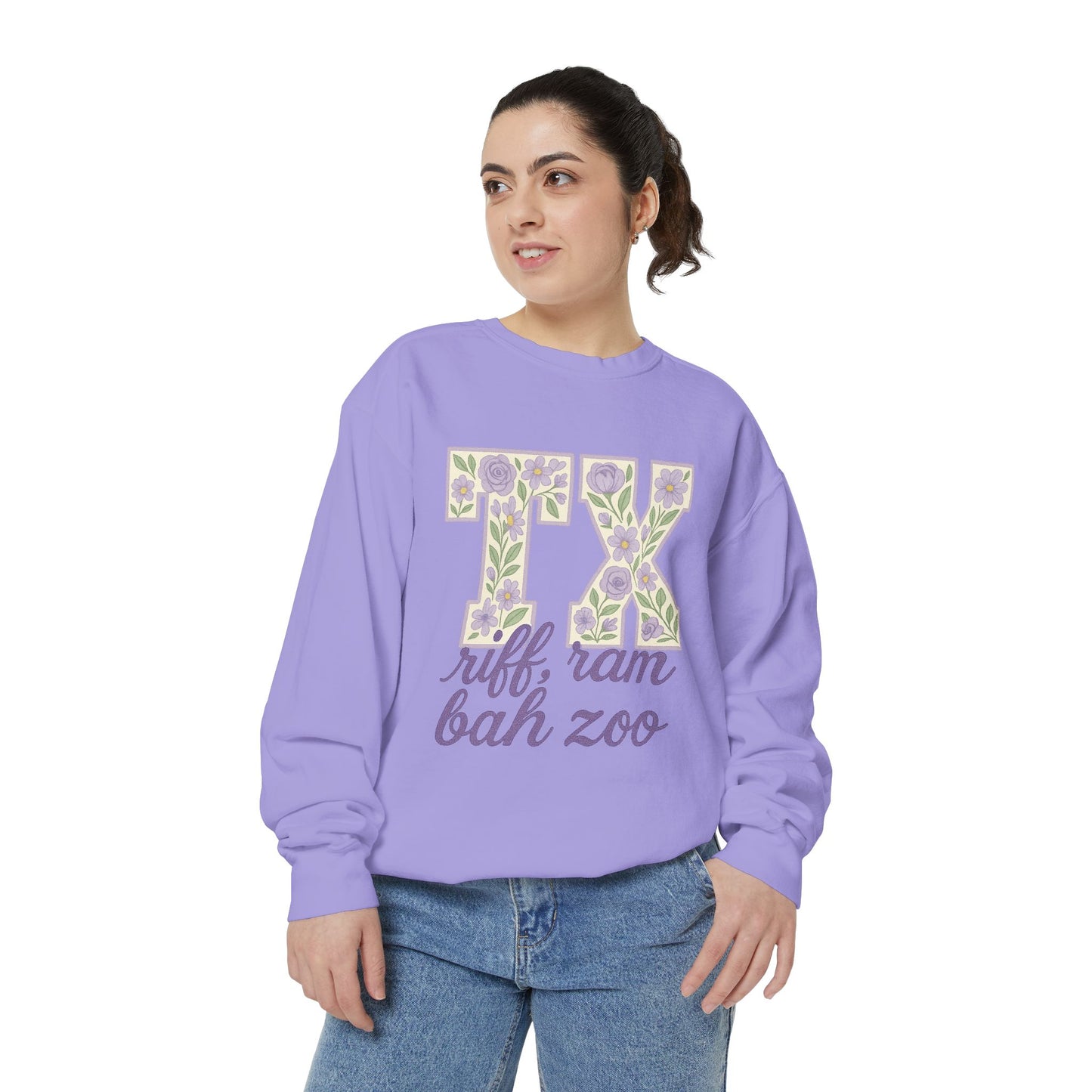 TCU Floral TX Sweatshirt - Unisex Garment-Dyed, Cozy Casual Wear, Texas Pride, Gift for Friends, College Apparel, Spring Outfits