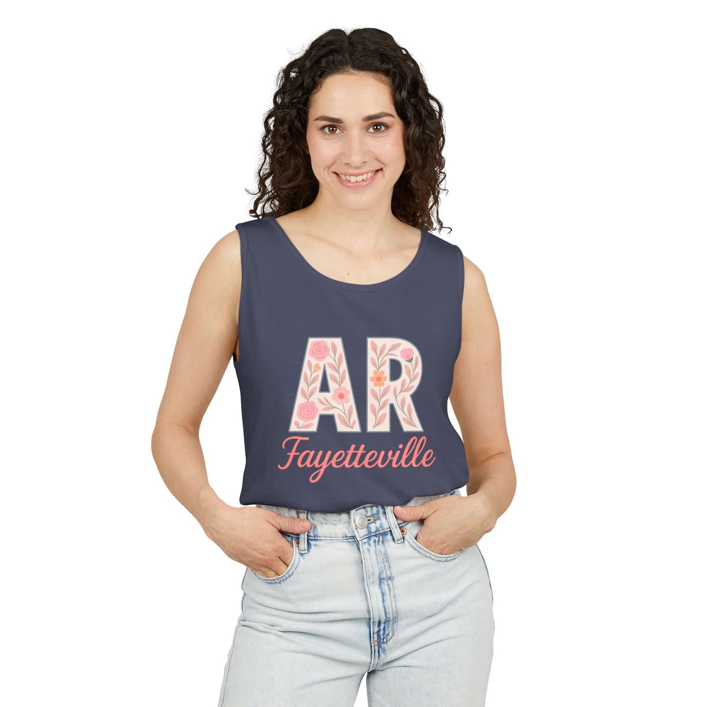 Fayetteville Floral Tank Top, Casual Summer Top, Gift for Her, Travel Apparel, Arkansas Style, Arkansas Student Gift, Graduation Gift, Comfort Colors