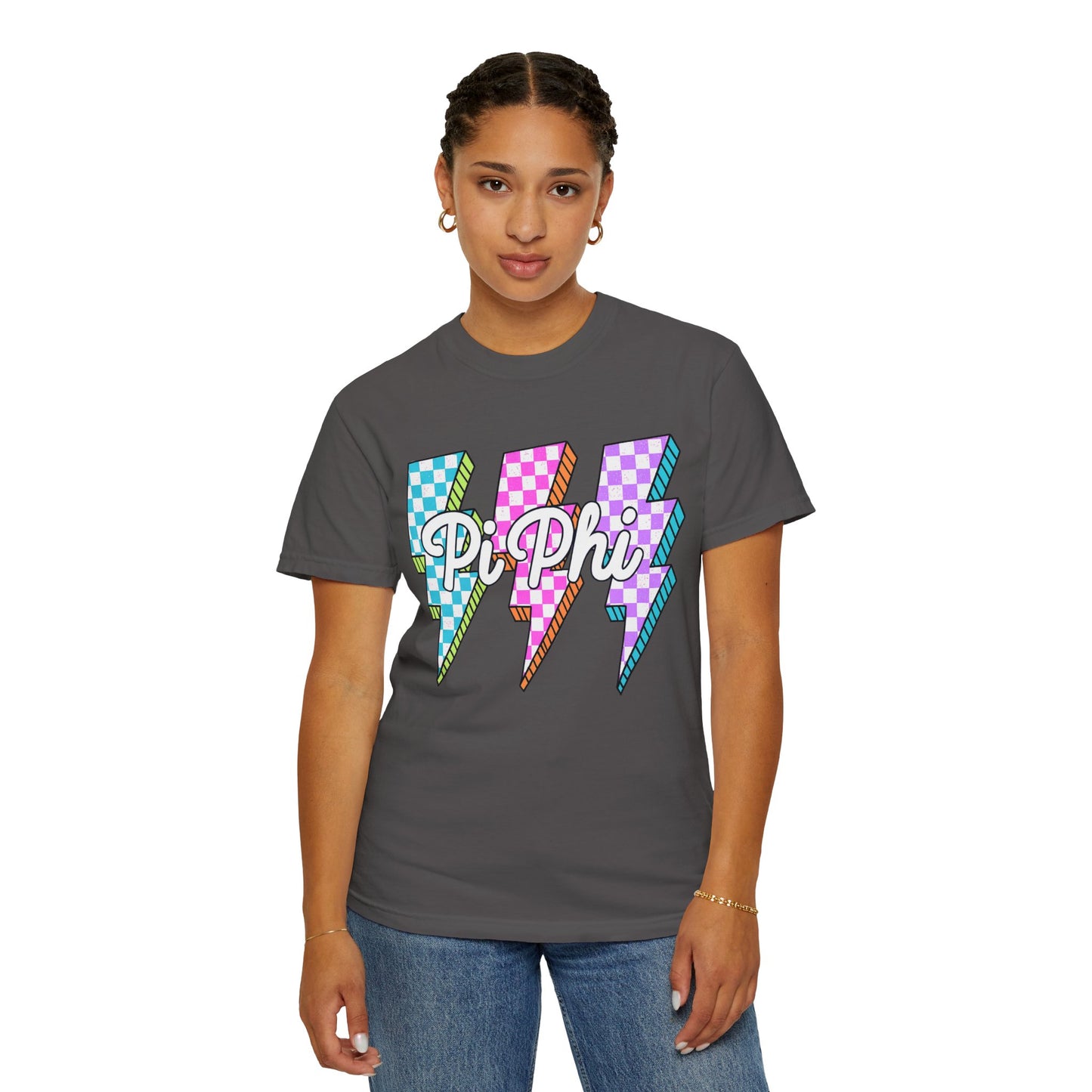 PB Phi Lightning Bolt Unisex T-shirt | Vibrant Greek Life Apparel, Unique Gift for Sorority Sisters, Casual Wear, Celebrating Sisterhood